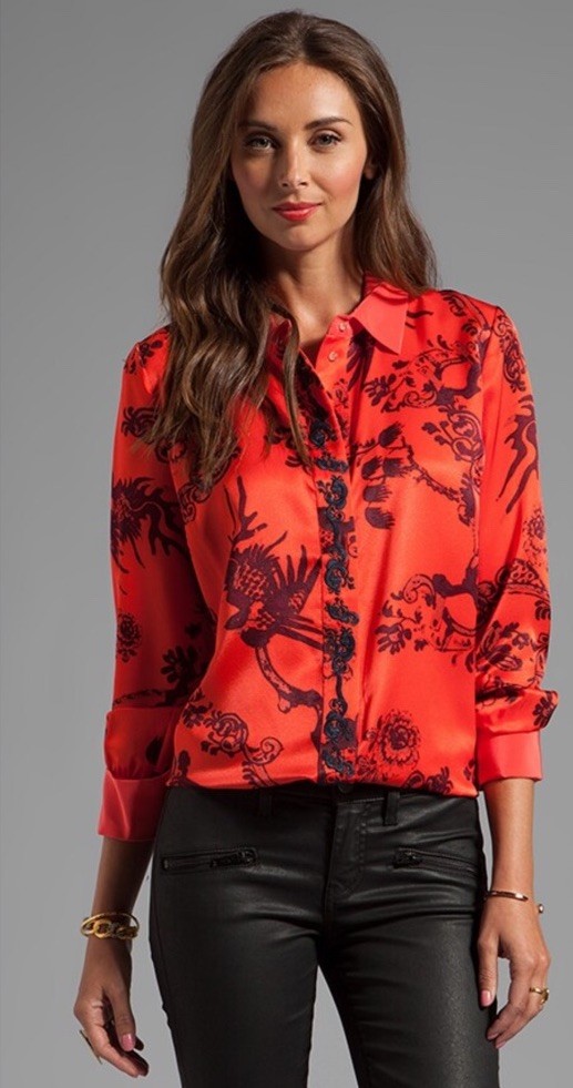 ELIZABETH AND JAMES Canton Floral Sammy Blouse Hot Coral Red 100% Silk Small
