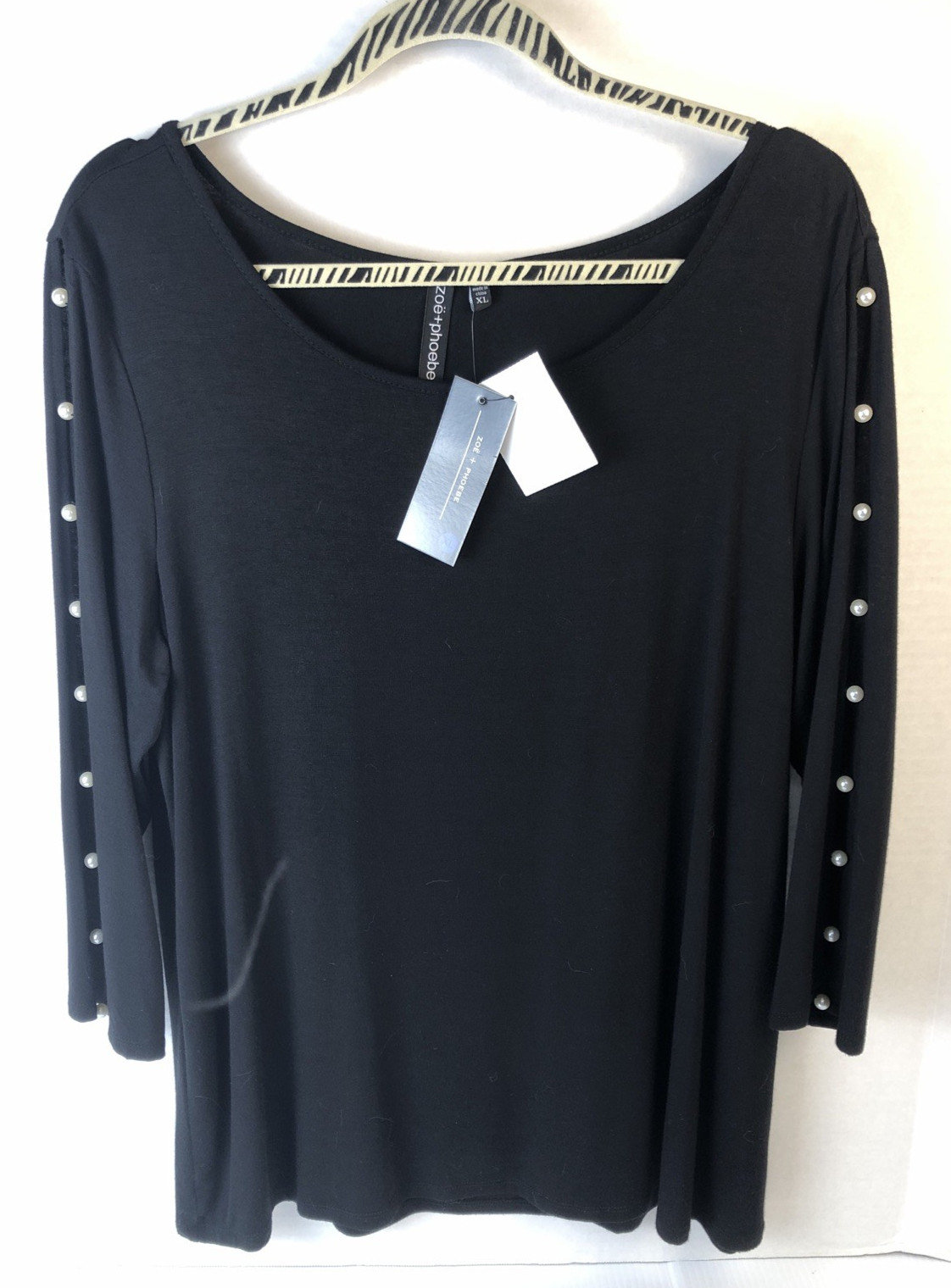Zoe + Phoebe Women’s Black Pullover – Date Night Slit & Pearl Sleeve Size XL NWT