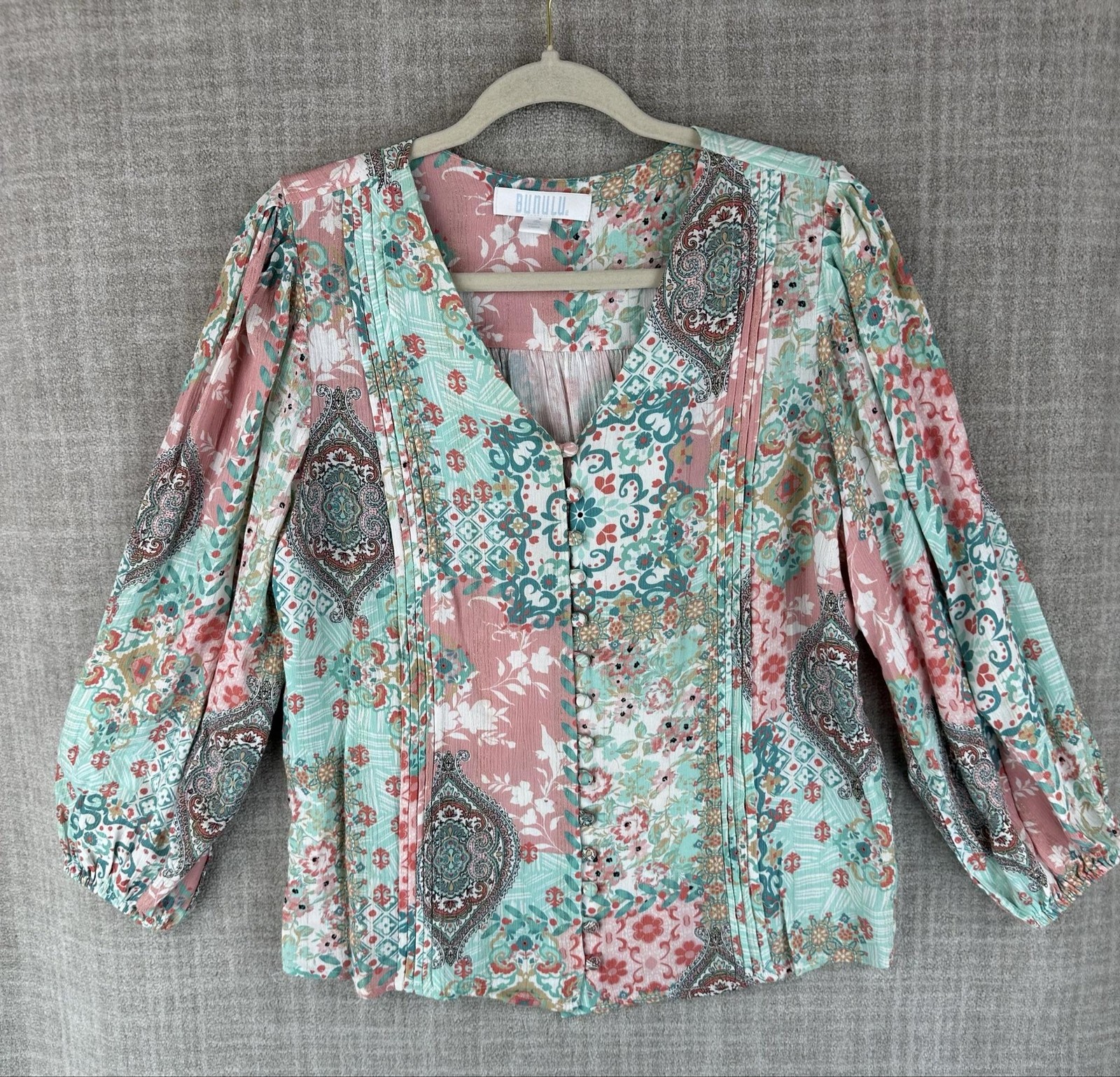 BUNULU Button-Up Womens S Multicolor Floral V-Neck Balloon Sleeve Rayon Glitter