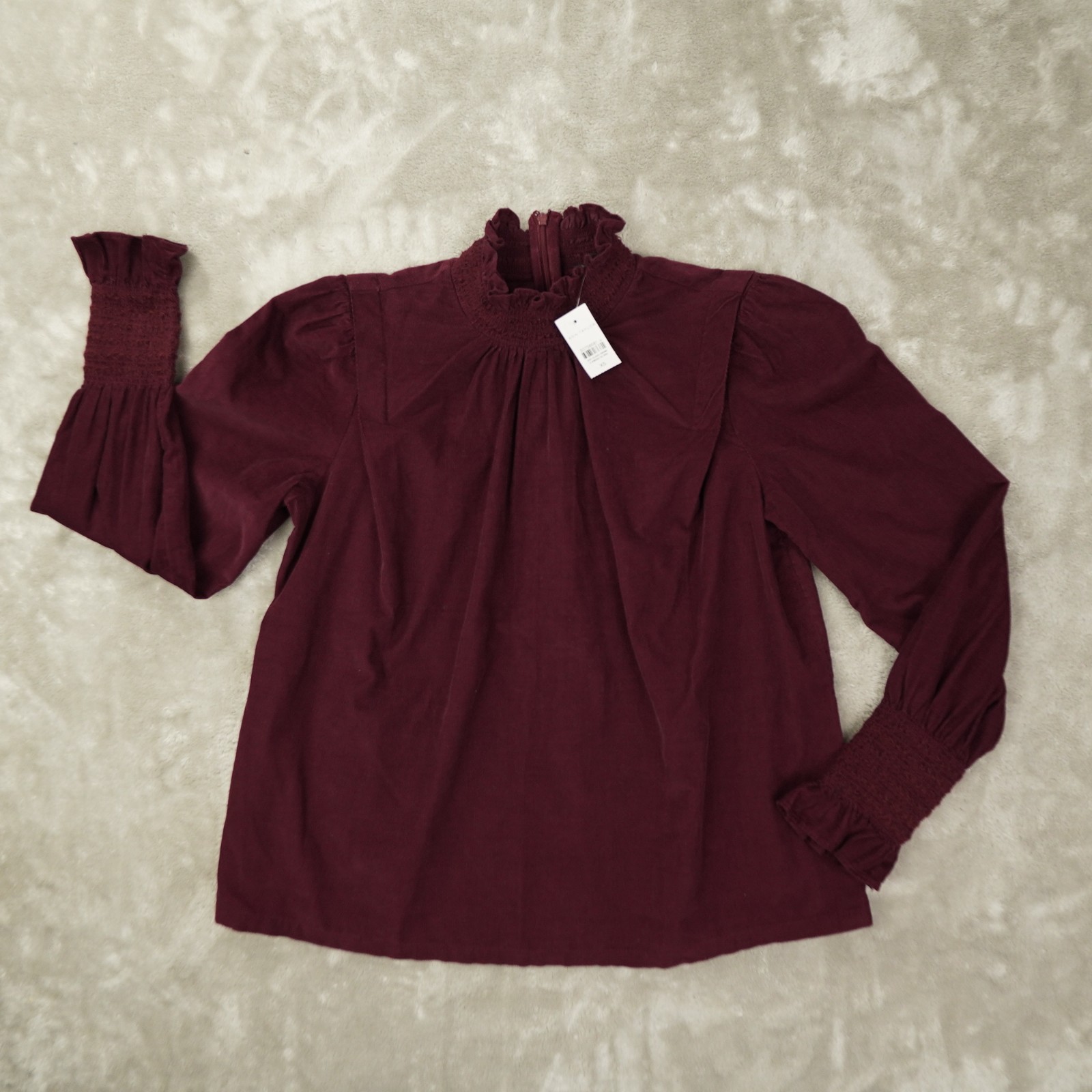 Ann Taylor Corduroy Smocked Blouse Women’s XS Burgundy Peasant Boho Prairie NWT