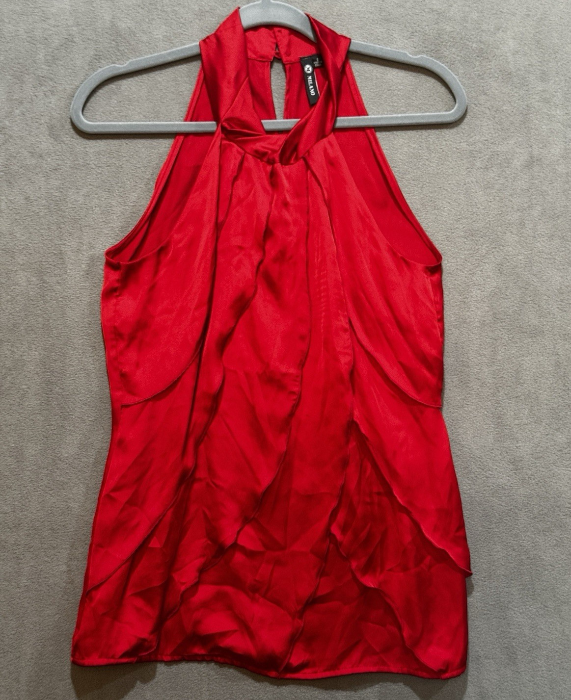 Milano Red Satin Halter Top Tiered Layered Ruffle Blouse Keyhole Back Small
