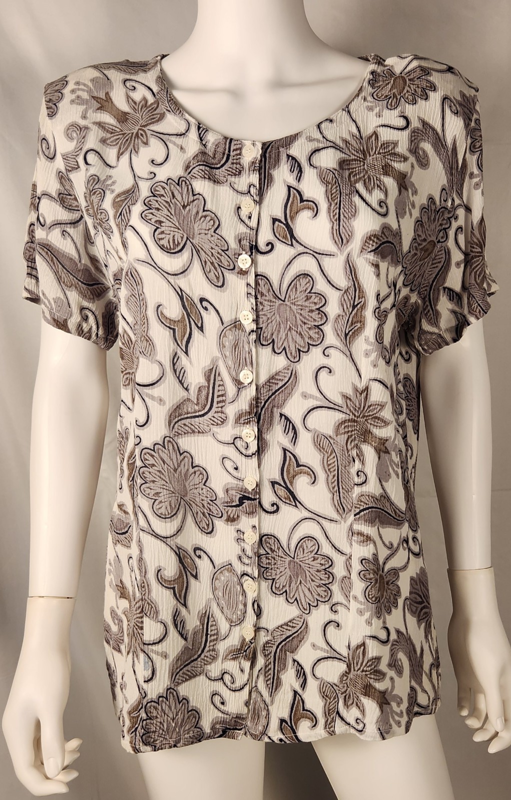 Her Style Classic/Corpcore/SlowFashion Baroque Floral Crinkle Button-Up Top M