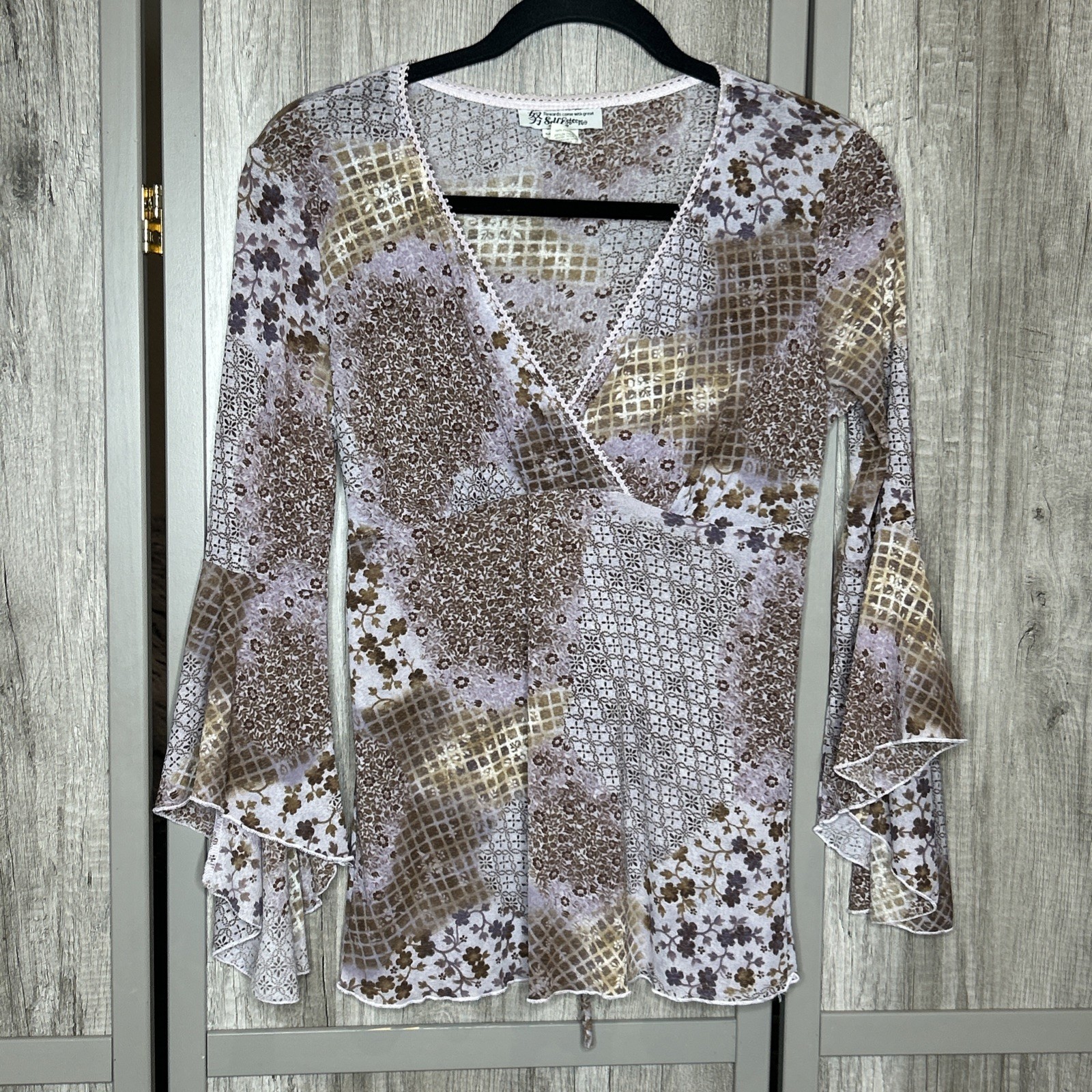 Self Esteem Y2K Top Women Size L V Neckline Bell Sleeves Mean Girls Purple Brown