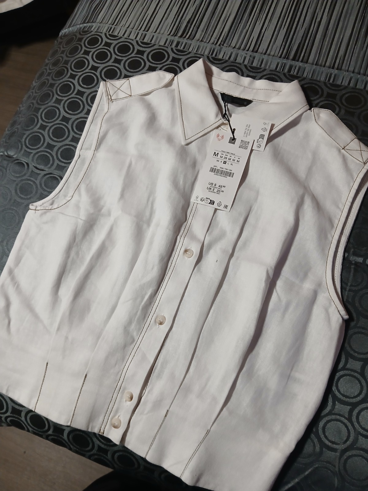 ZARA Womens White Solid Linen Woven Collared Button Front Blouse Size M