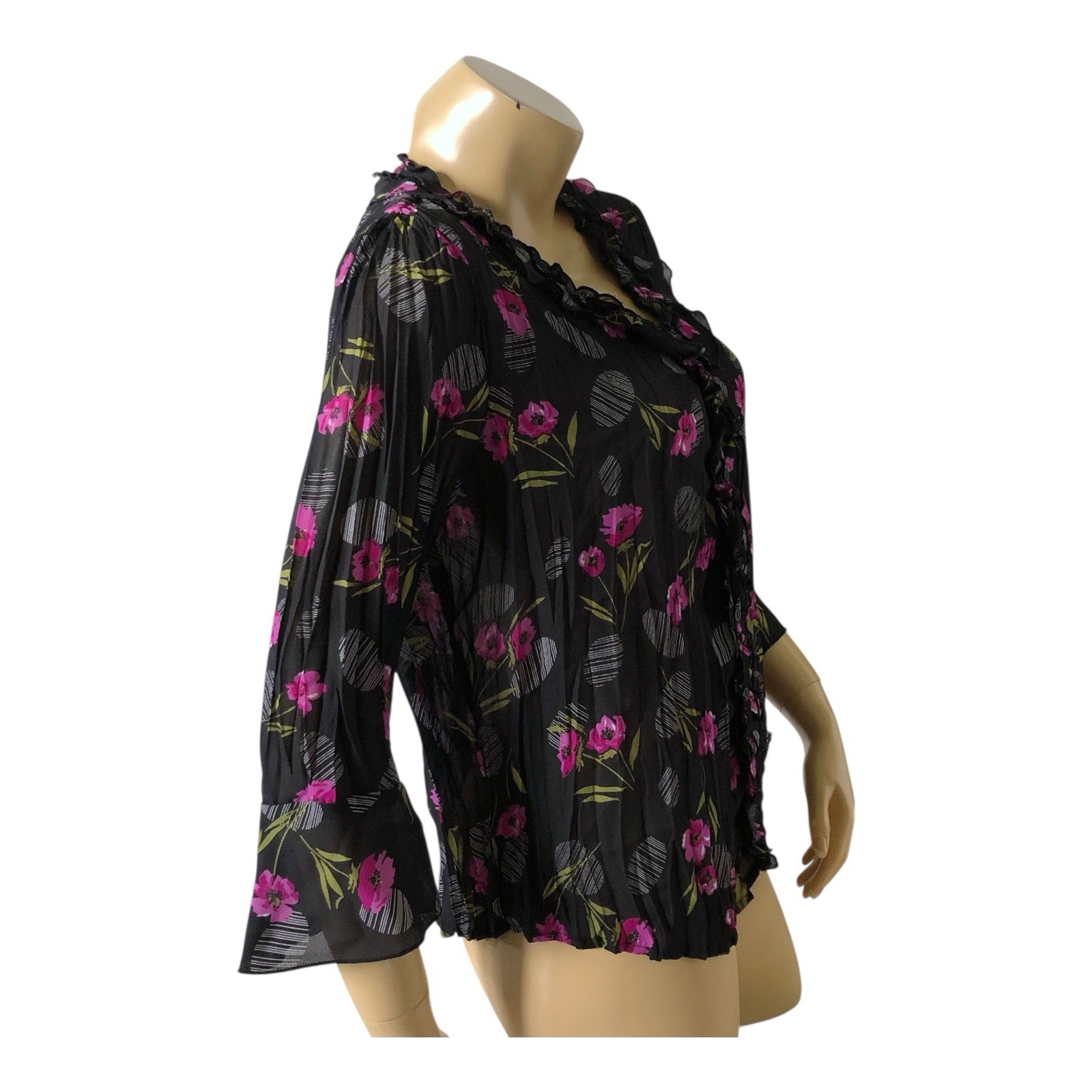 Worthington Button Front Blouse Womens PXL Sheer Floral Crinkle 3/4 Sleeve Top