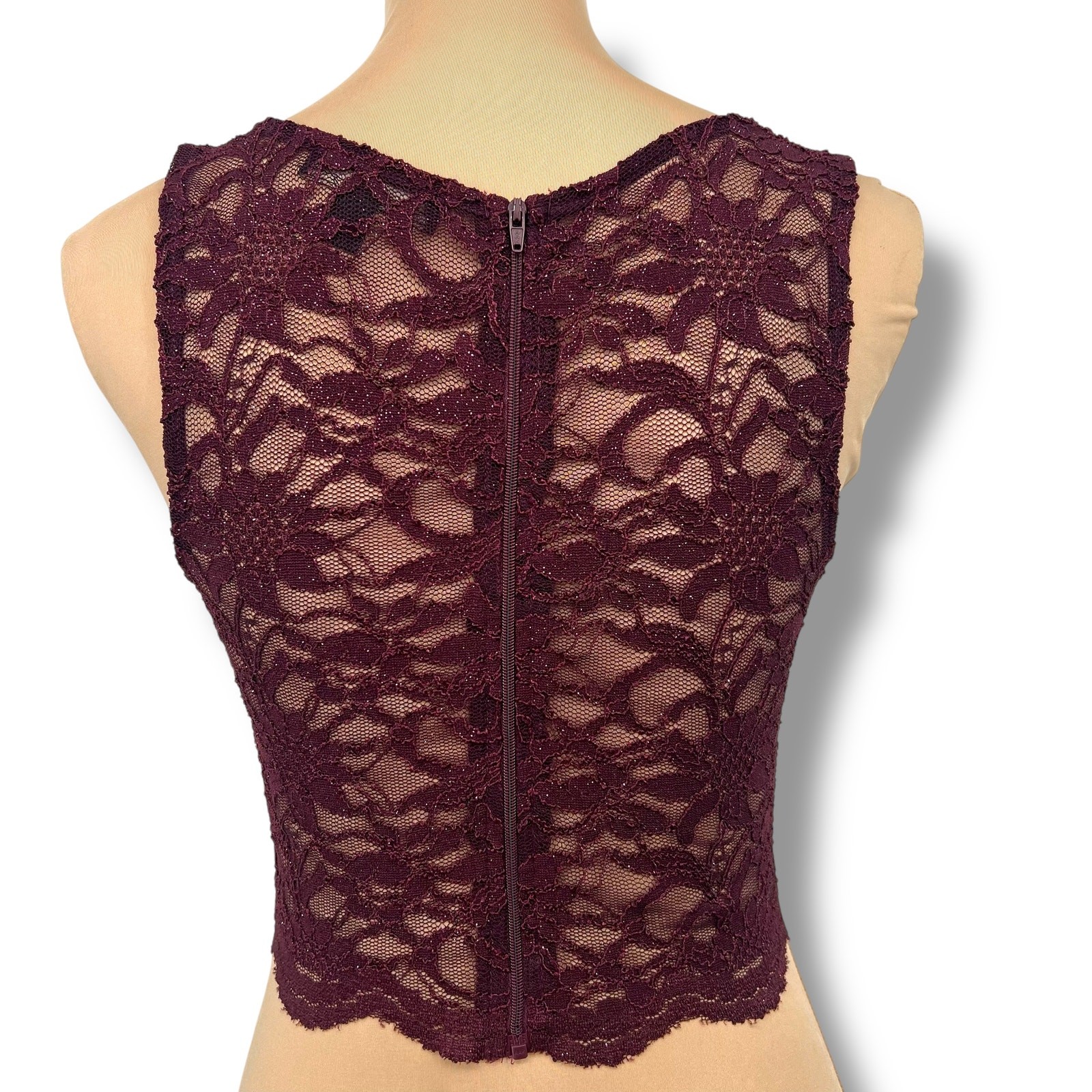 CITY TRIANGLES Plum Color Stretch Lace Cropped Tank Built In Bra 7 Coquette