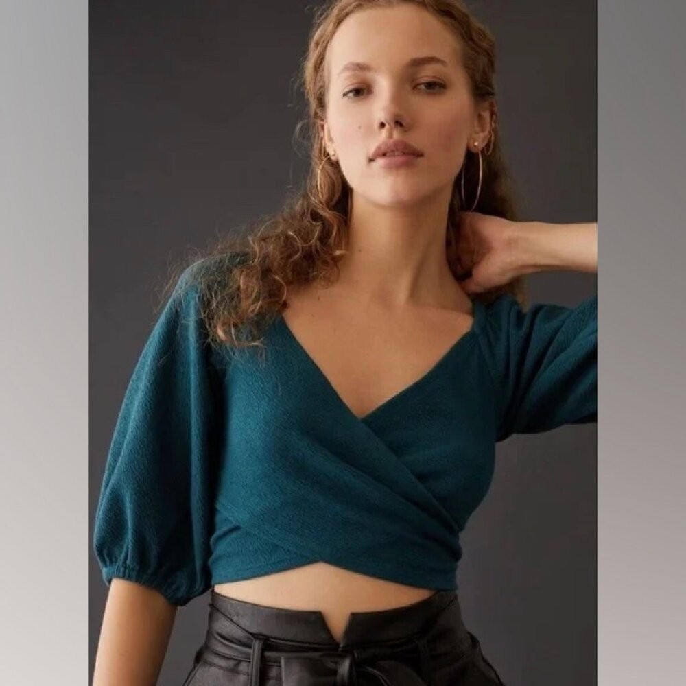 NWT Maeve Cross-Front Puff-Sleeve Top XS Anthropologie Teal Turquoise Cropped