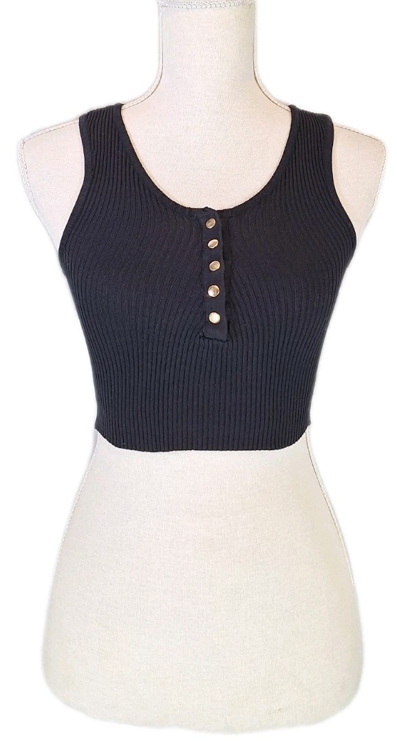 LOVE TREE SzS Ribknit Henley Crop Tank Top Gold Snap Button Front Stretch Black