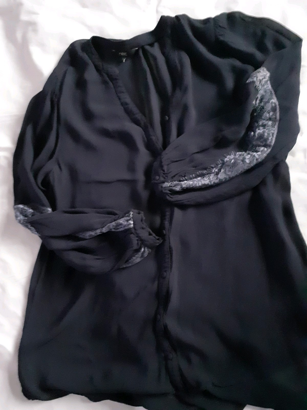 Ladies Indigo Blue Sheer Blouse Baggy Sleeves With Lace Detail Collarless Sz 16