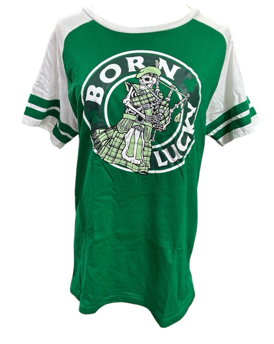 st patricks day t shirt M Women’s Skull Skeleton Bag Pipes Green Short Sleeves