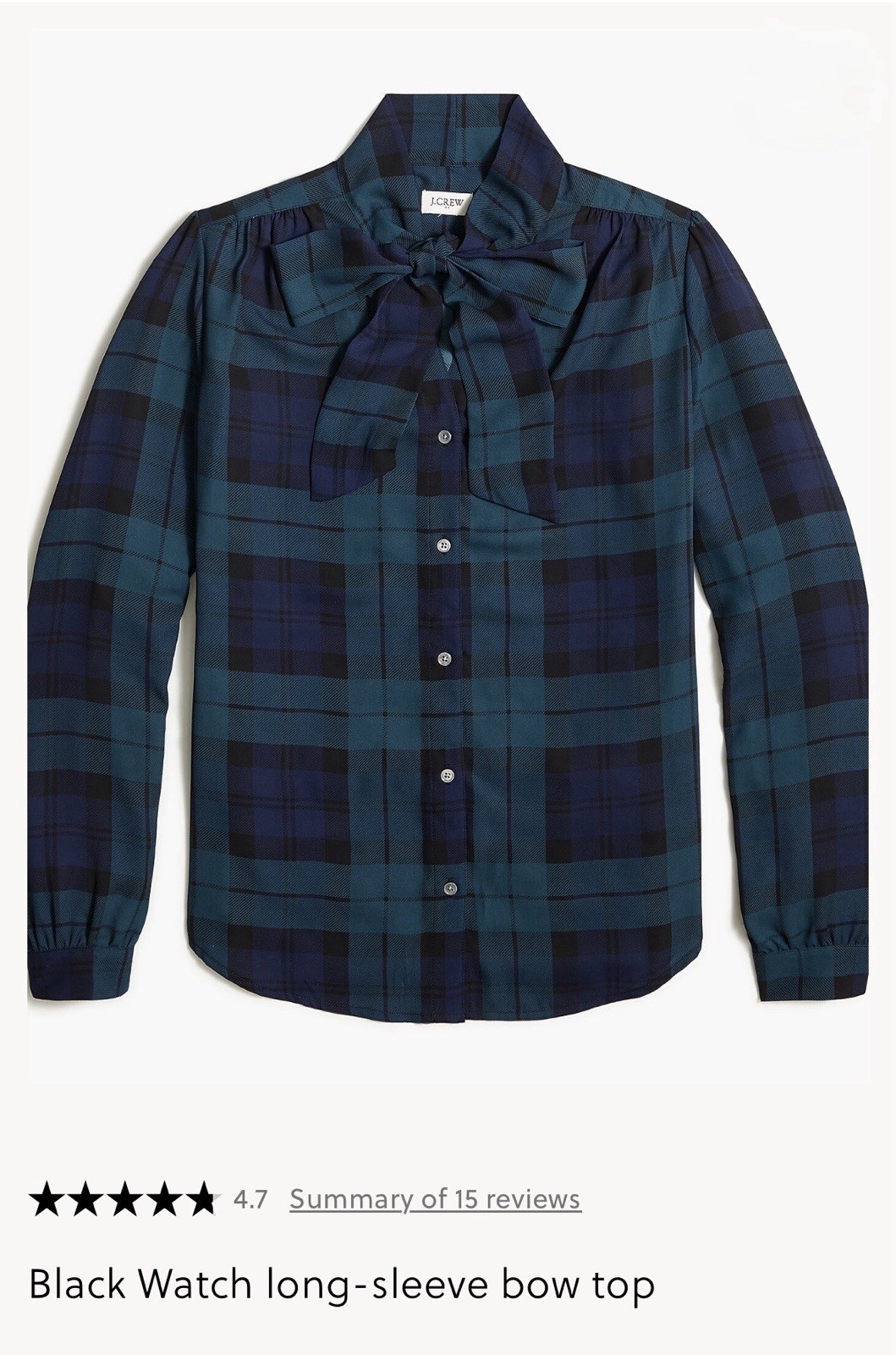 NEW J.Crew Factory Long-Sleeve Bow Top in Plaid Green Multi Size Large AT880
