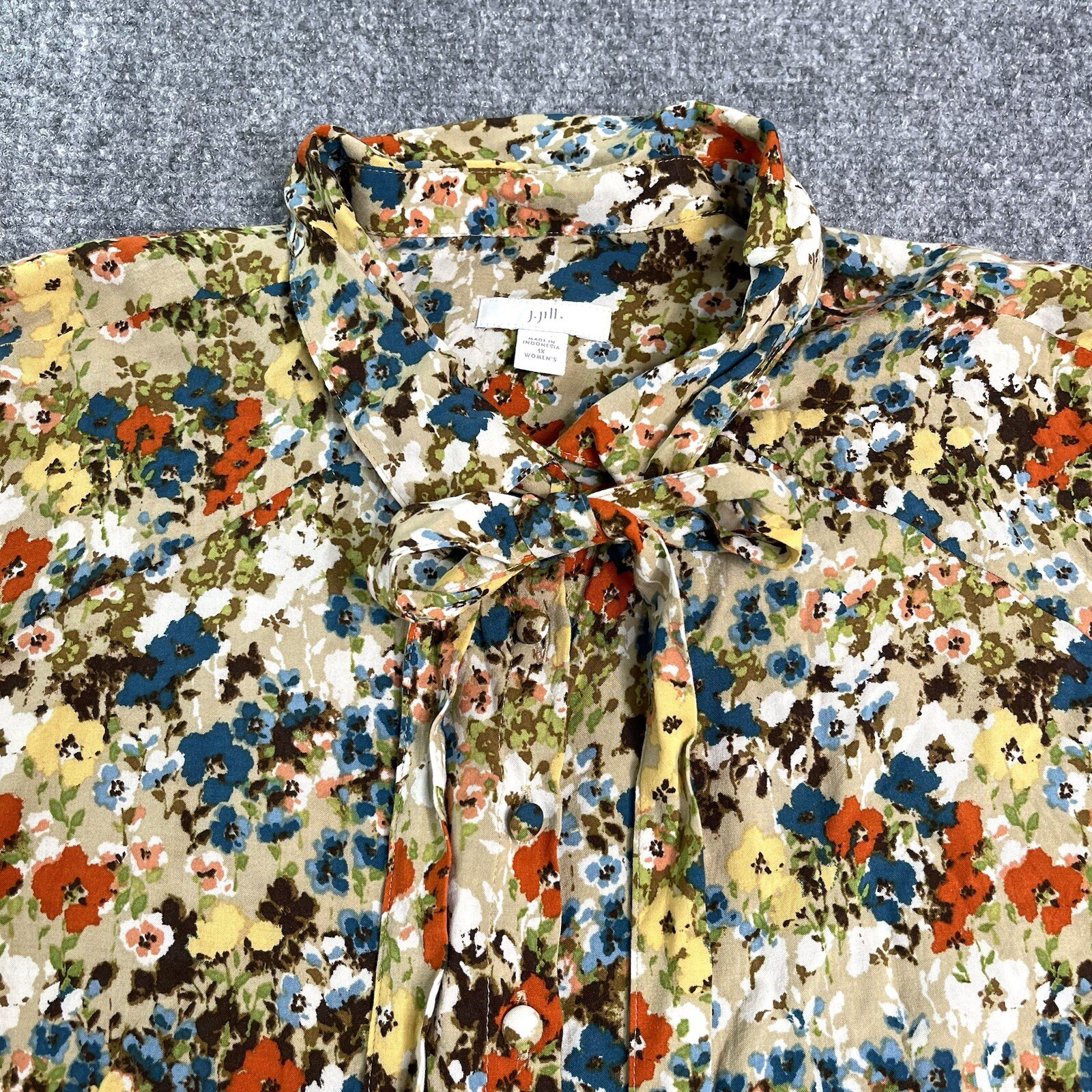 J Jill Top Womens 1X Ditzy Floral Covered Button Front Removable Tie Blouse