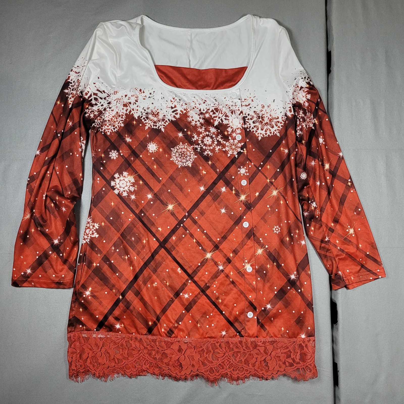 Christmas Holiday Red Blouse Lace Bottom Trim White Snowflakes Women’s Lg