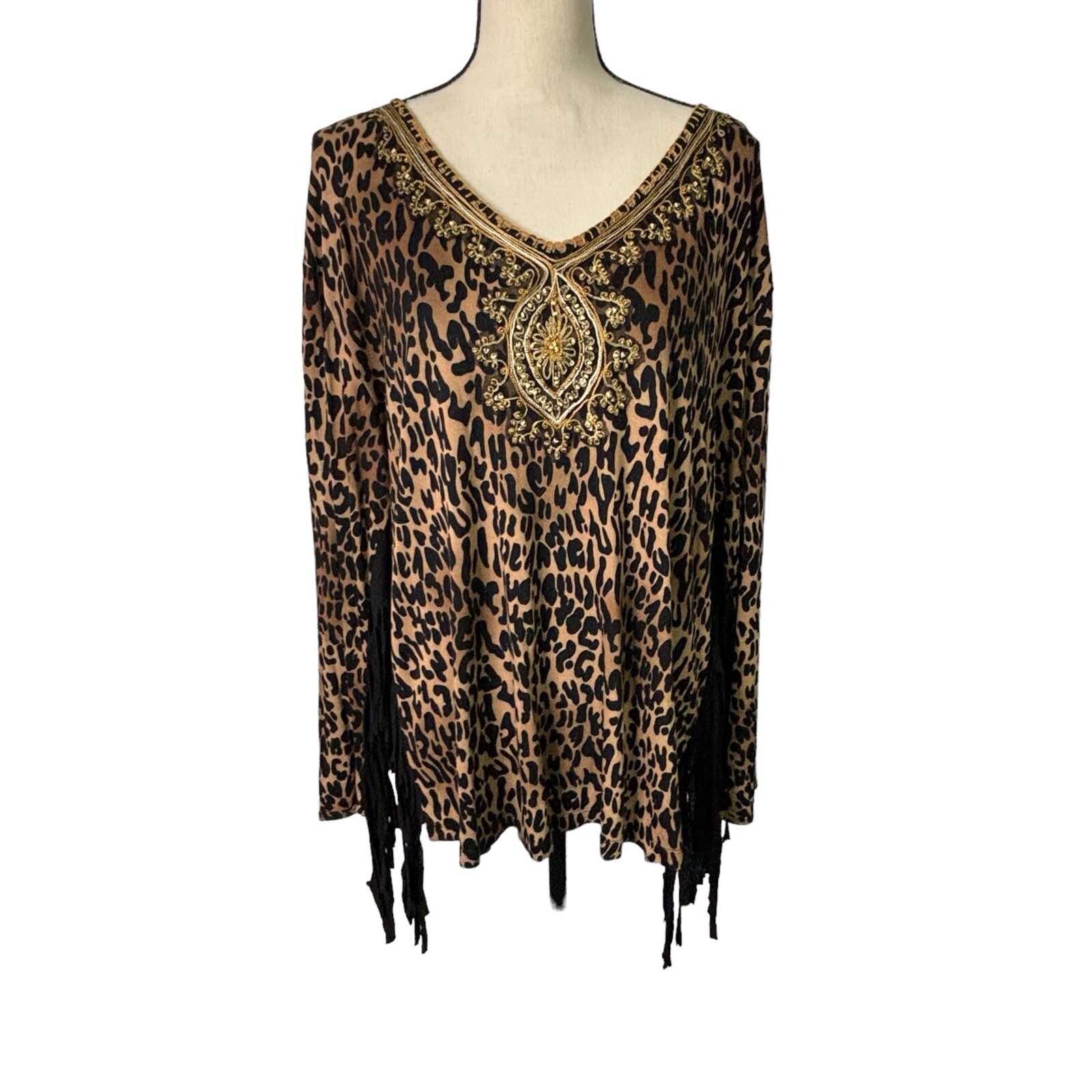 Krista Lee Blouse Womens Large Animal Print Beaded Fringe Hippi Boho Cowgirl
