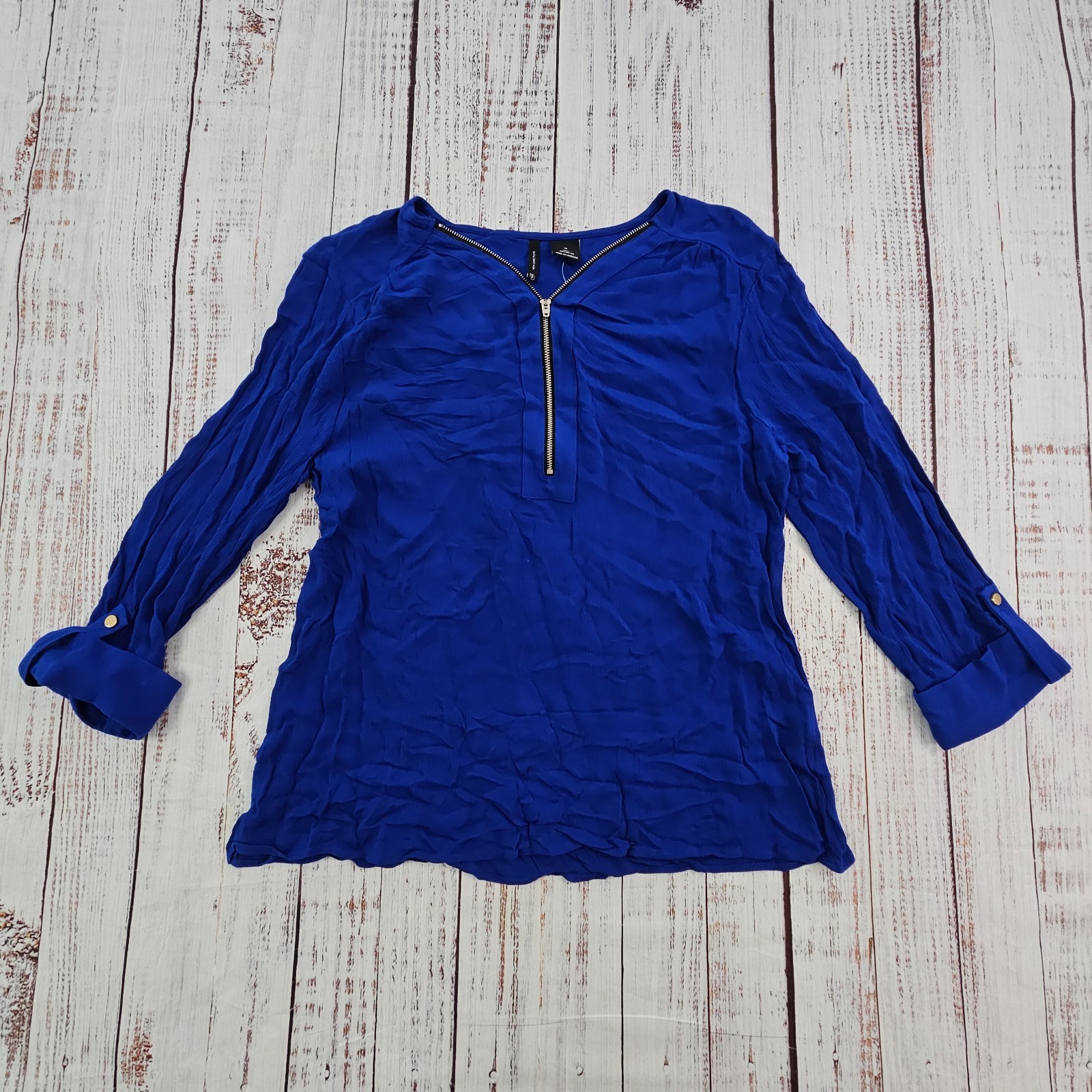 NEW New Directions Royal Blue Roll Tab 1/5 Zip Blouse Women’s M
