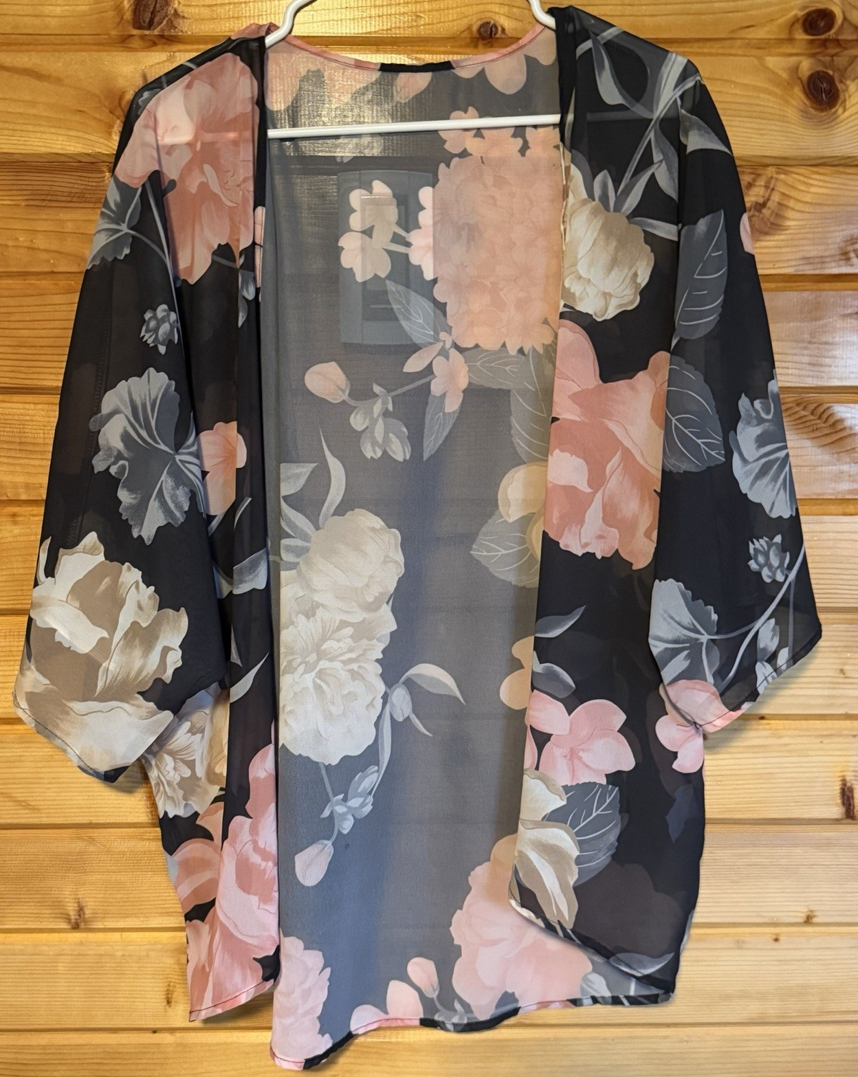 Women’s Floral Chiffon Sheer Open Front Kimono 3/4 Sleeve Black Size M