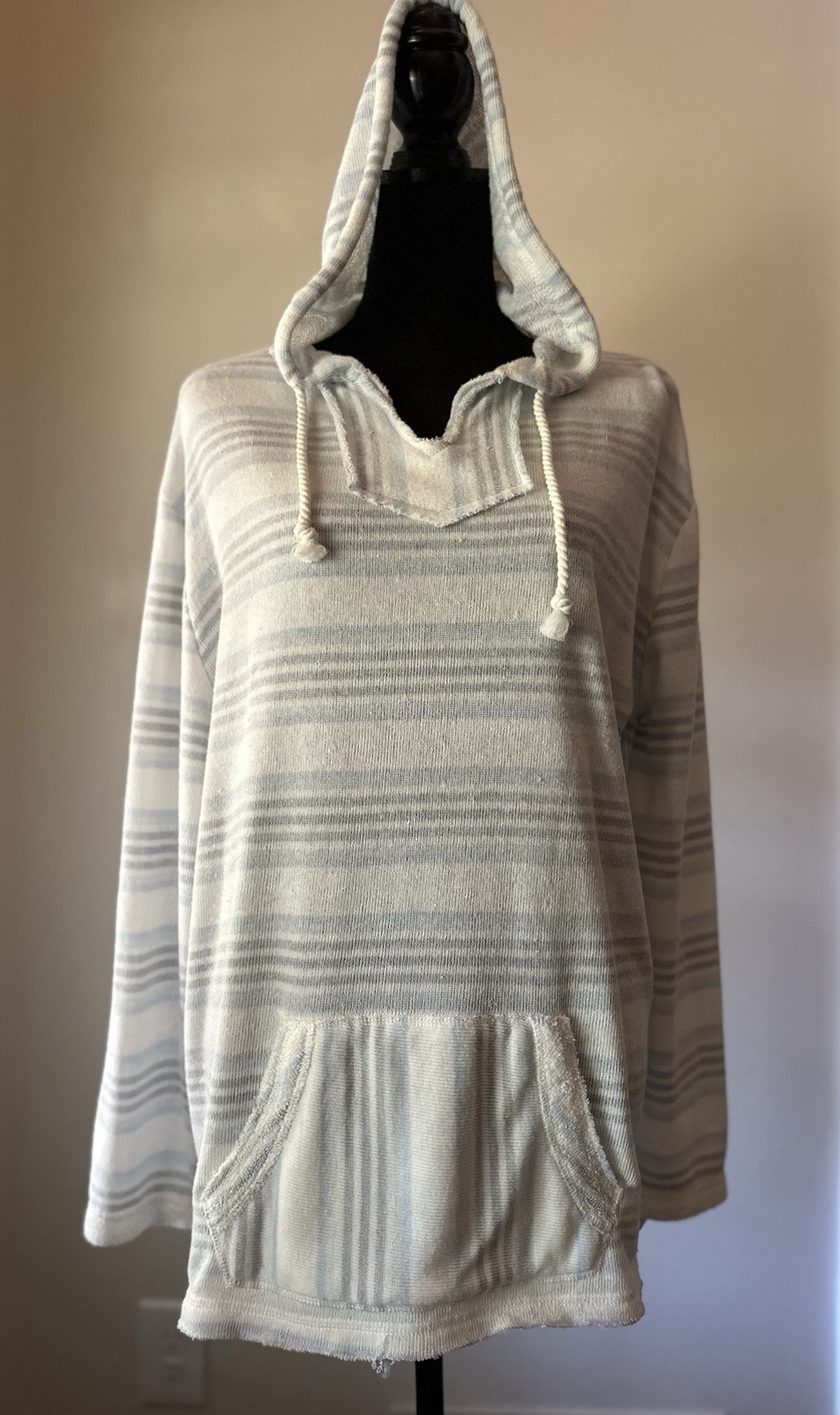 Ocean Drive Gray White Blue Striped Baja Beach Pool Terry Coverup Hoodie Sz L