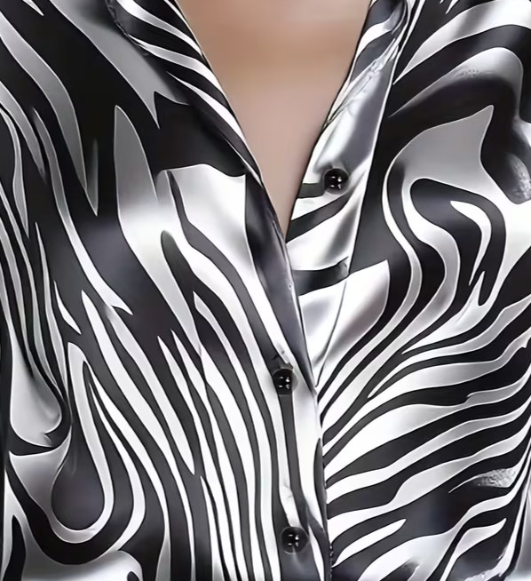 New Sexy Sultry Black & Silver Zebra Print Silky Satin Secretary Blouse Plus 4XL