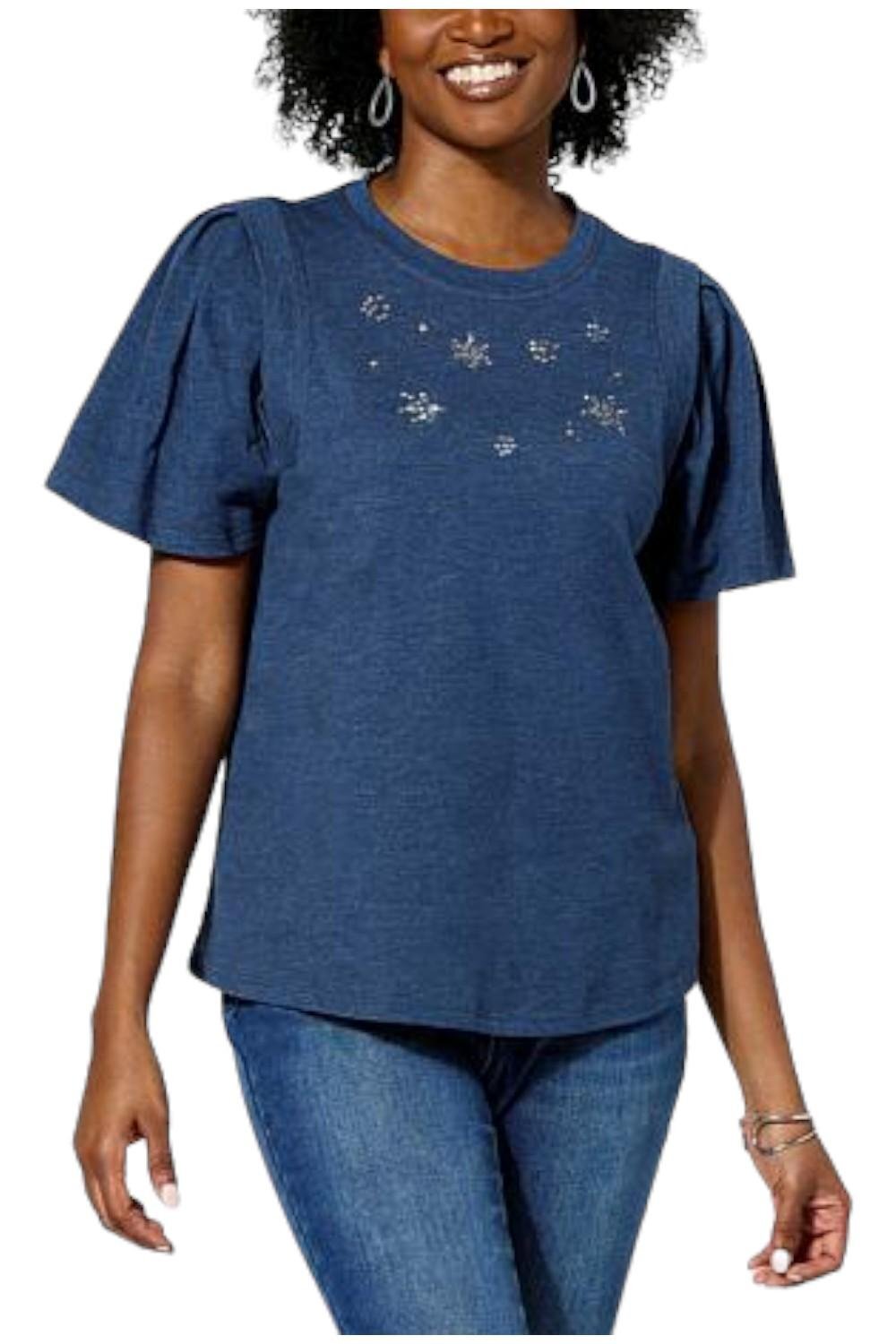 DG2 by Diane Gilman Flutter-Sleeve Embellished Americana Tee Navy