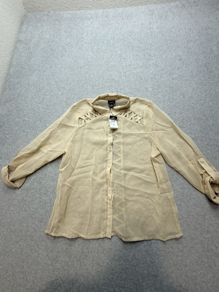 Rue21 Womens Blouse XL Beige Cutout Lattice Button Front Long Sleeve Sheer NWT