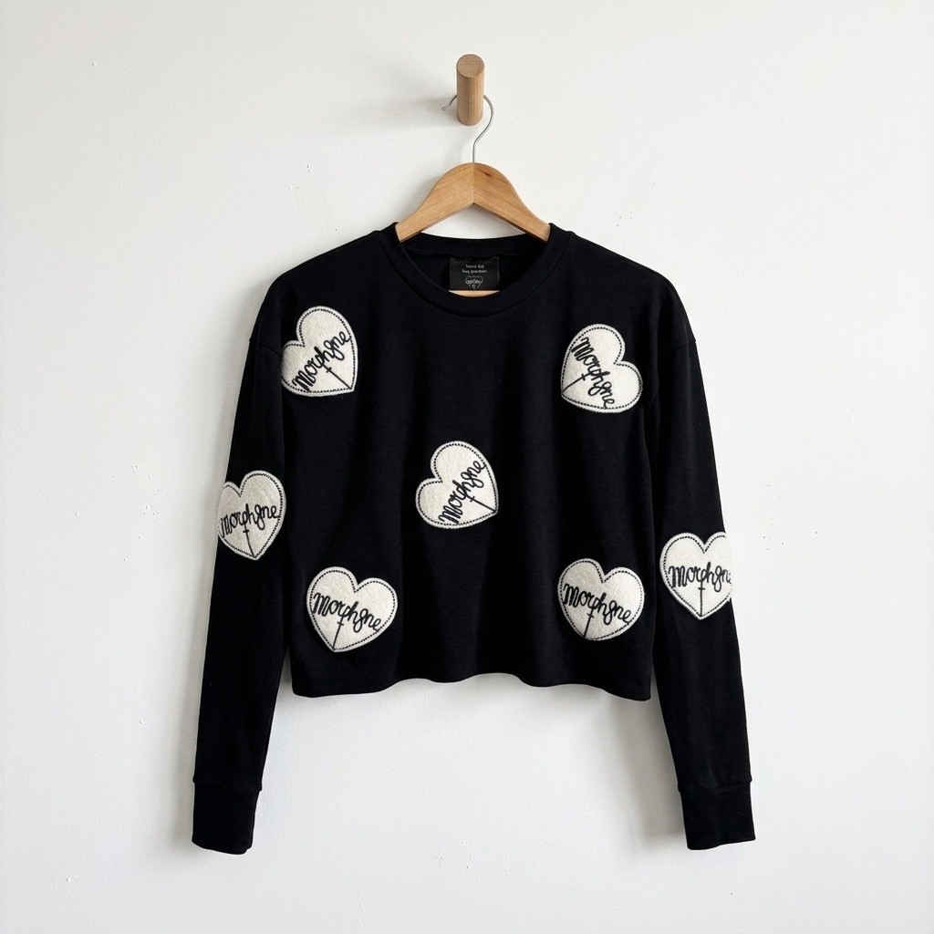 Morph8ne Black Heart Patches Cropped Long Sleeve Top Gothic Alt Grunge Medium