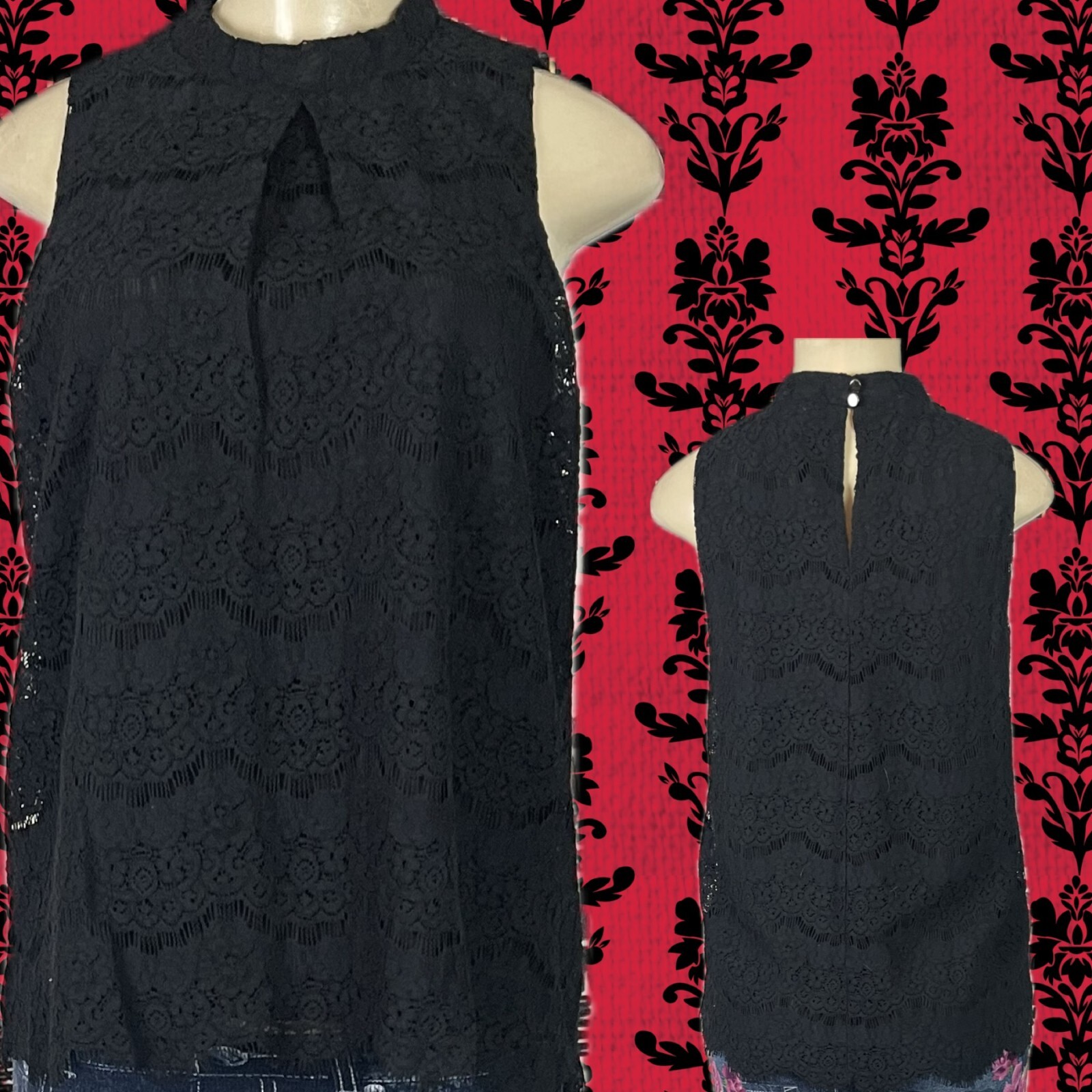 Fourteenth Place L Black Lace Lined High Neck Scalloped Hem Sleeveless Blouse