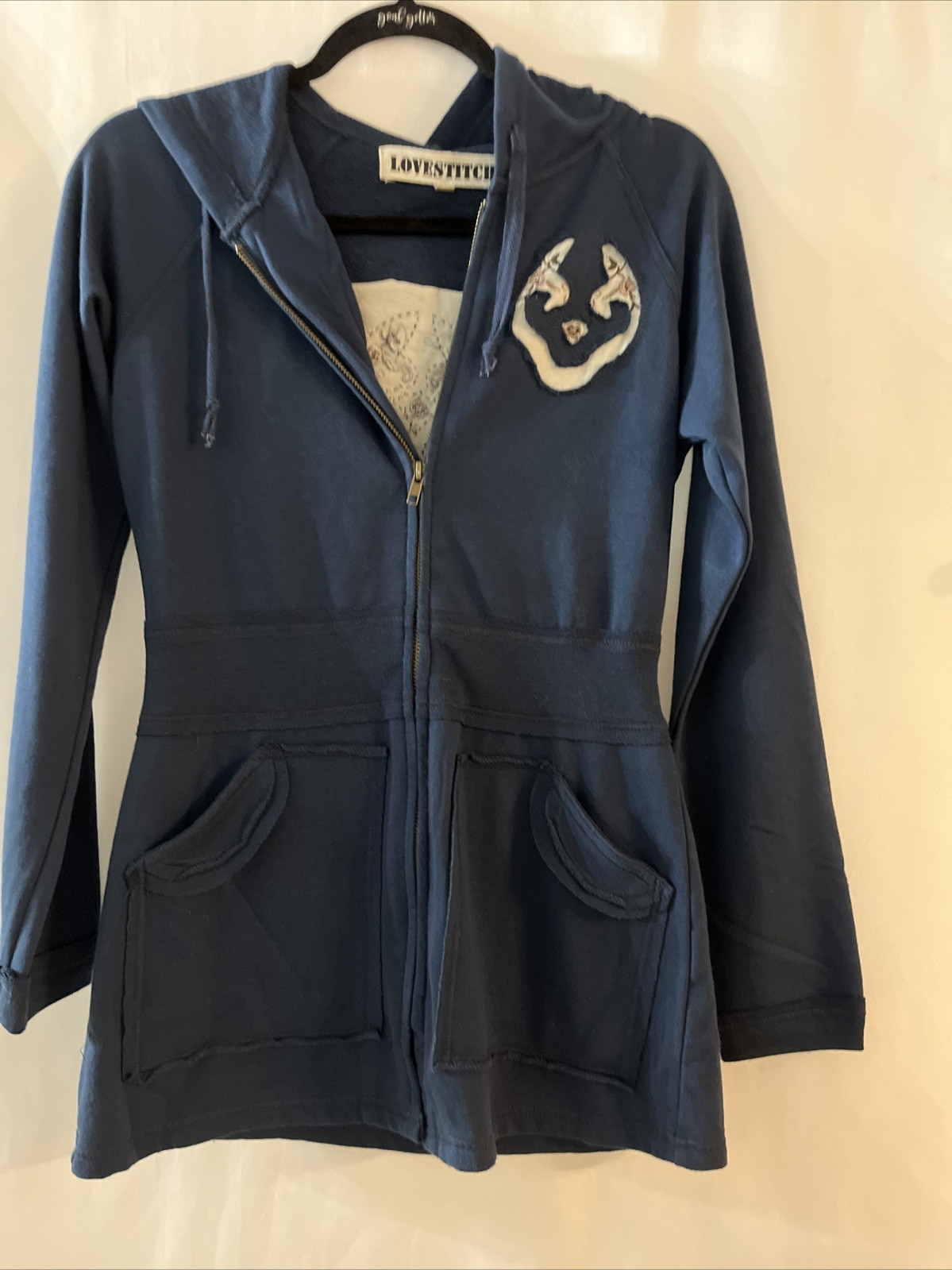 Women’s Navy Small LoveStitch Zipper Jacket Long Boho Hood Unique Design