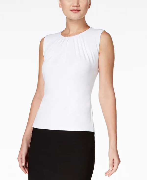 CALVIN KLEIN Petite Pleated Crew Neck Back Keyhole Sleeveless Top, 2P White