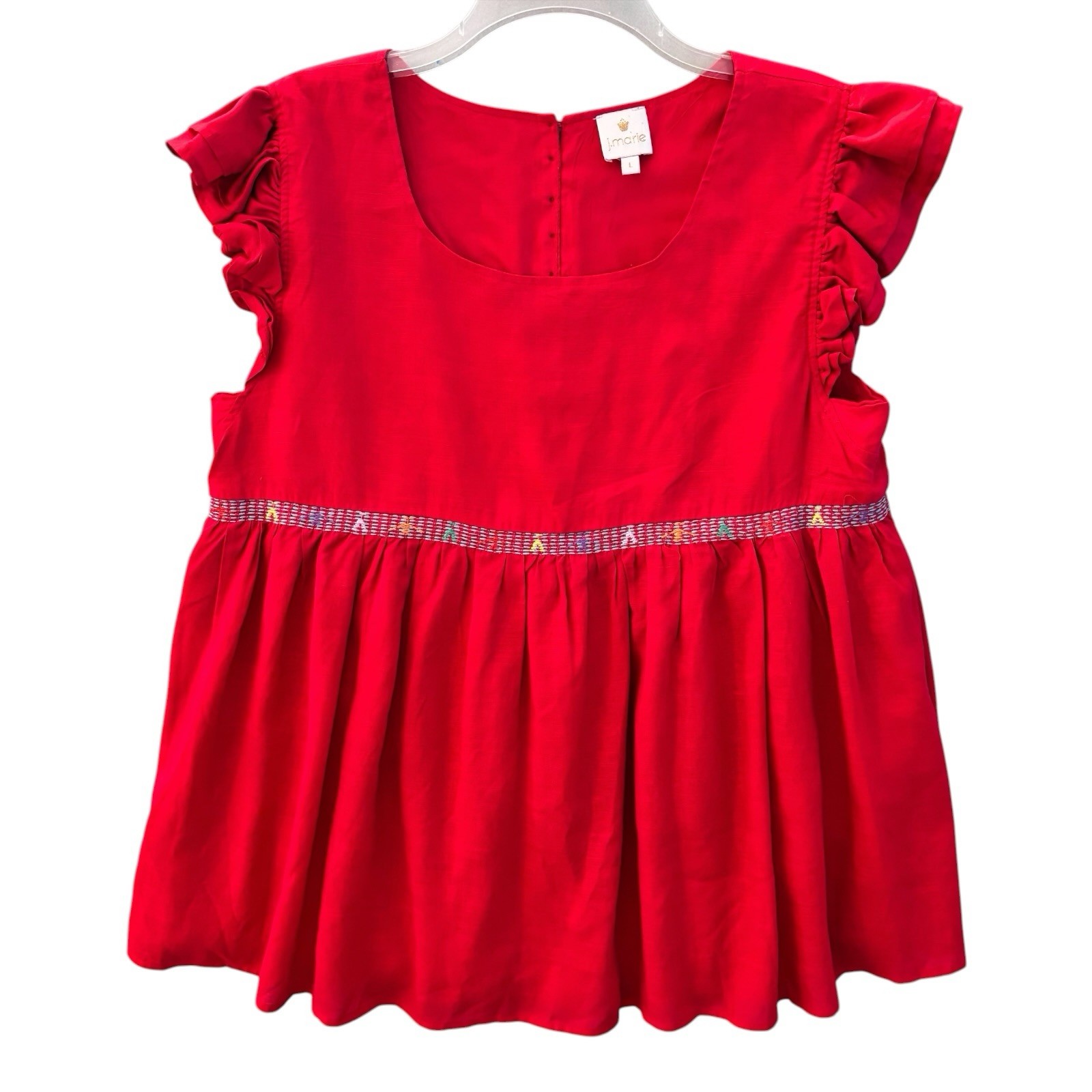 J Marie Top Large Red Embroidered Peplum Blouse Ruffle Sleeve Prairie Cottage
