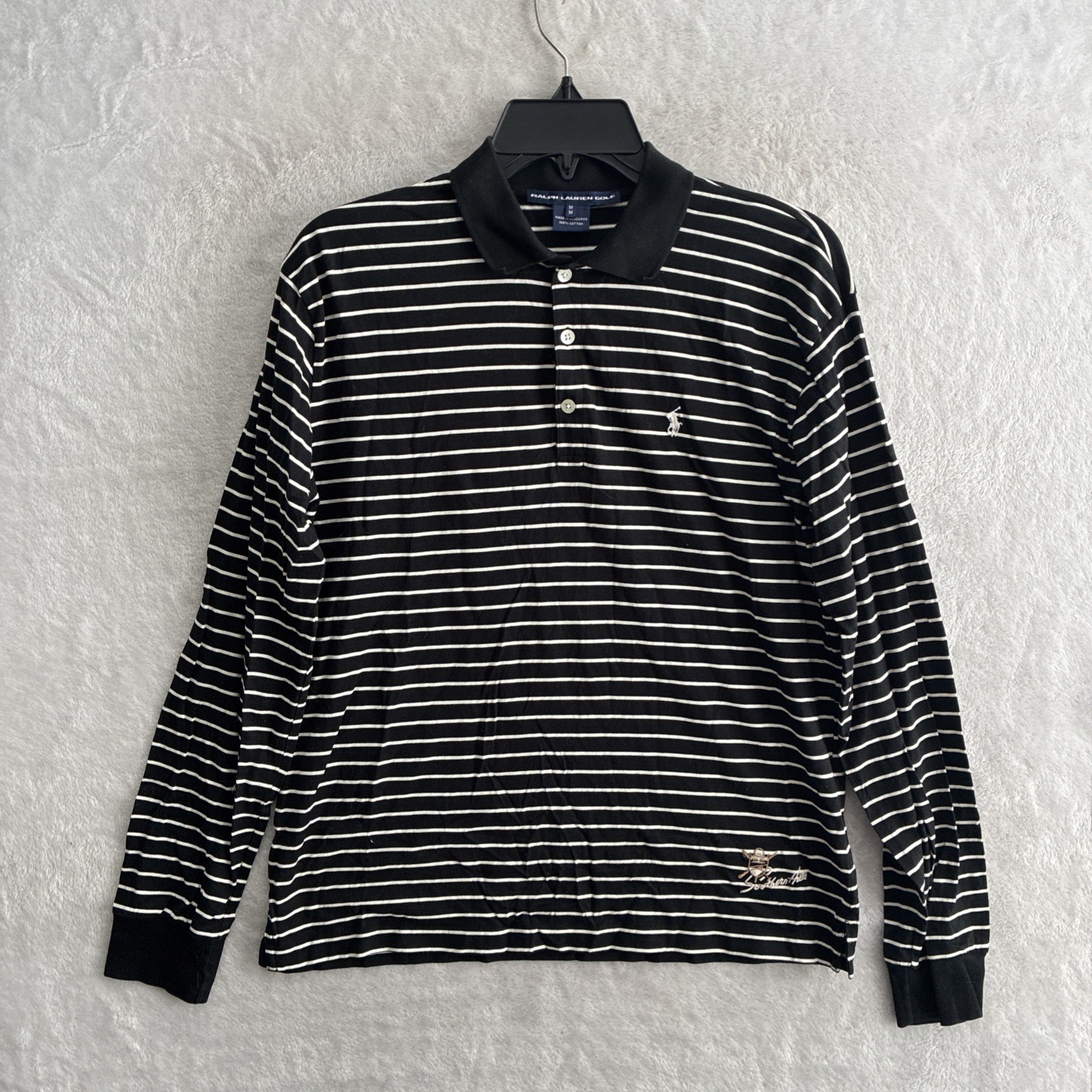 Ralph Lauren Golf Womans Blouse Top Black Striped Medium Cotton Long Sleeve