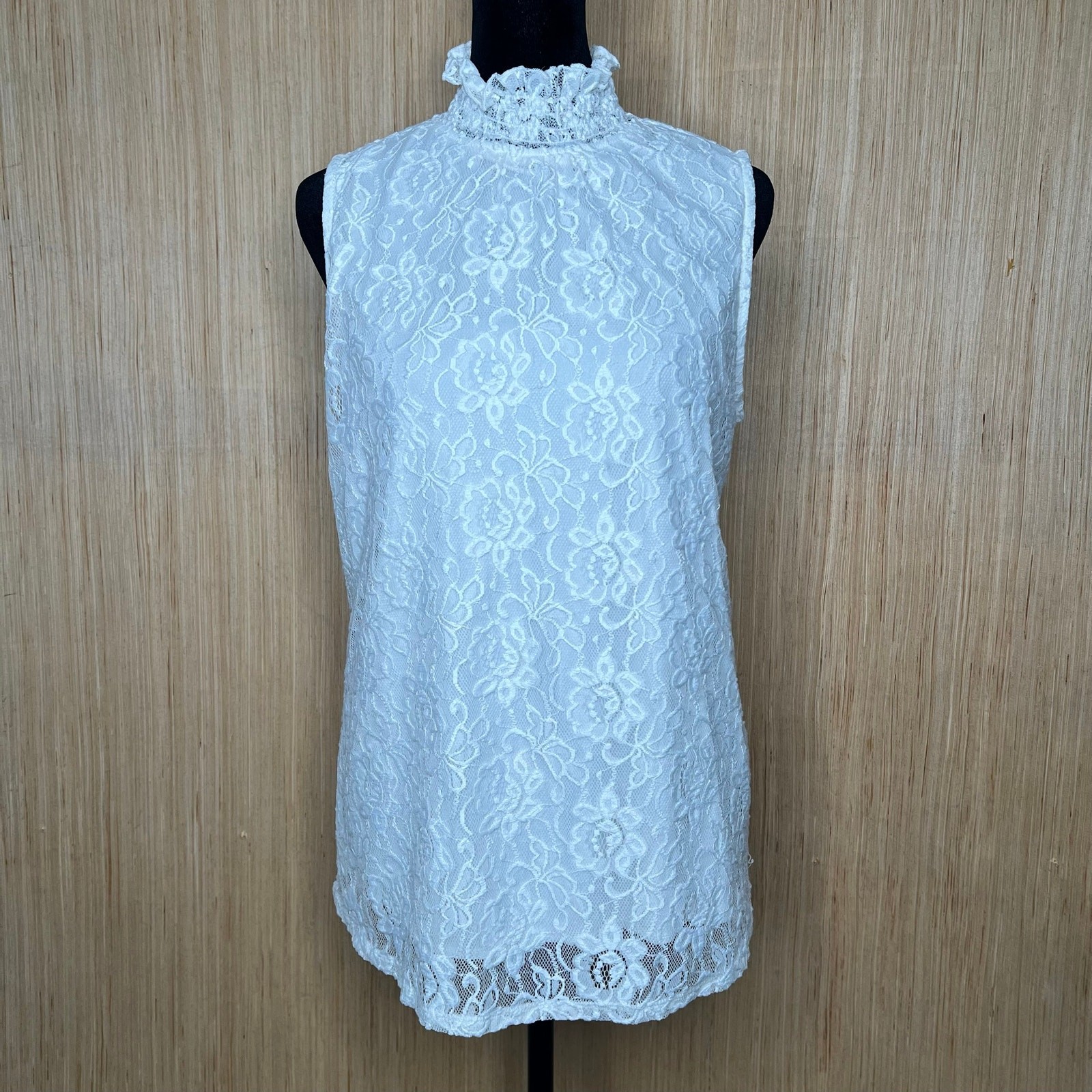 Shannon Ford White Rose Lace Victorian Ruffle Turtleneck Sleeveless Top Size XL