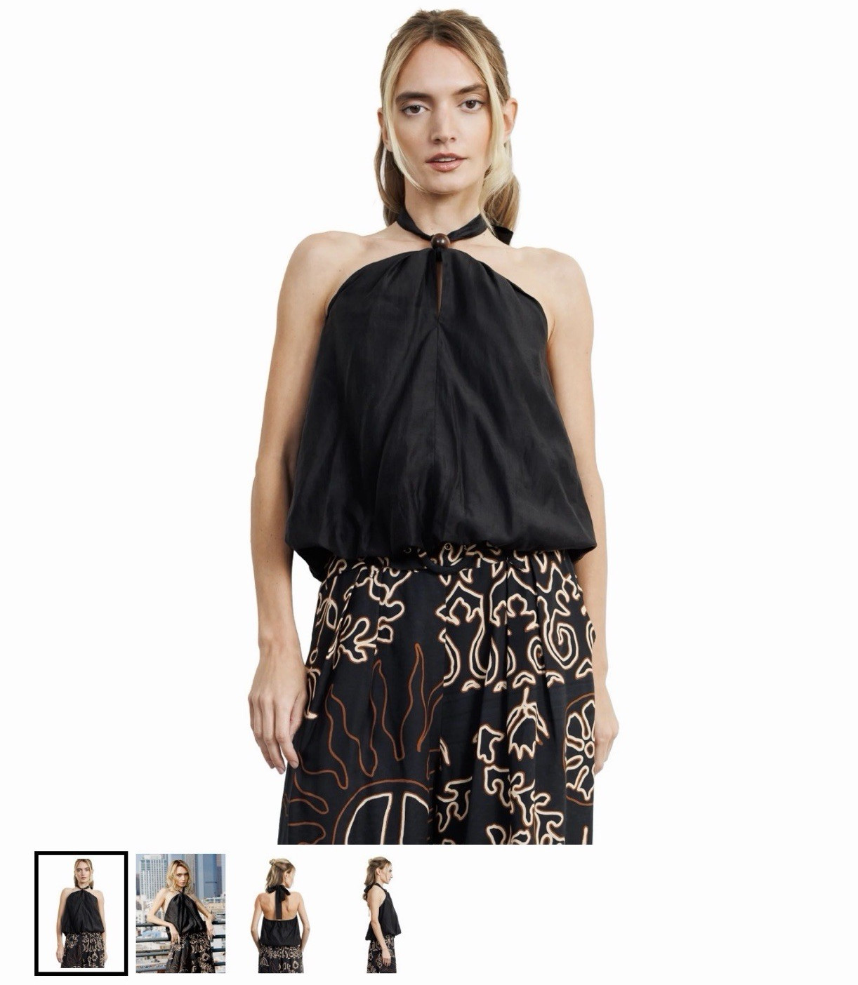 CIEBON Black Halter Neck Backless Bow Tie Chiffon Lyocell/Poly Blouse Womens L