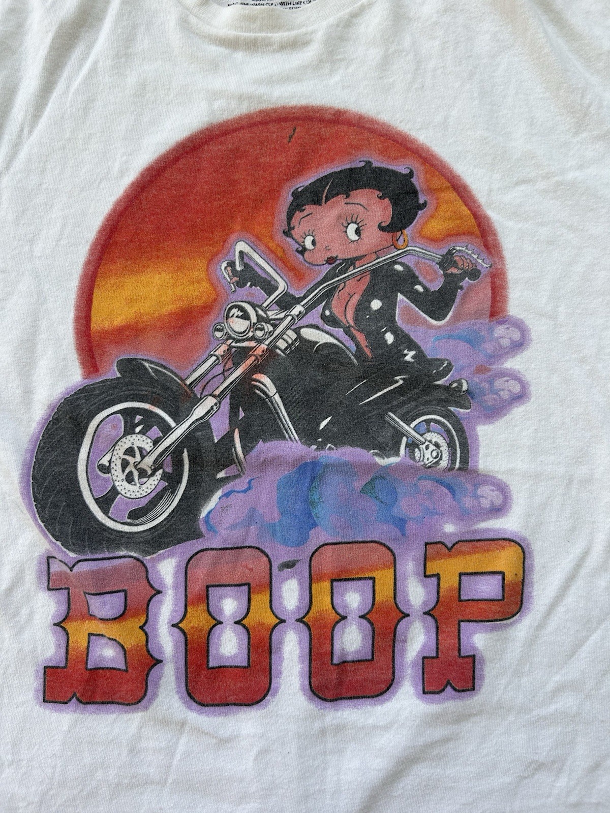 Women’s Betty Boop Motorcycle Sunset T-Shirt Size XL White Short Sleeve Cotton
