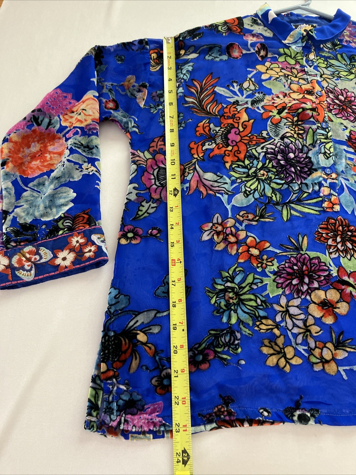 Johnny Was Seline Burnout Velvet Blouse Blue Floral Silk Blend Womens XS NWT