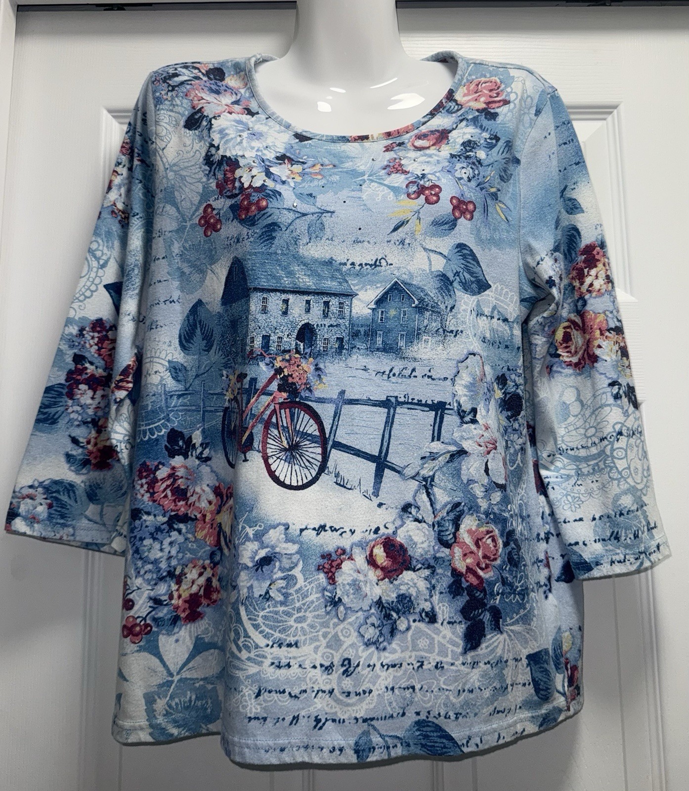 CORAL BAY Size Large Blue Rhinestone Cottage Bicycle Floral Scenery *SEE DESC*