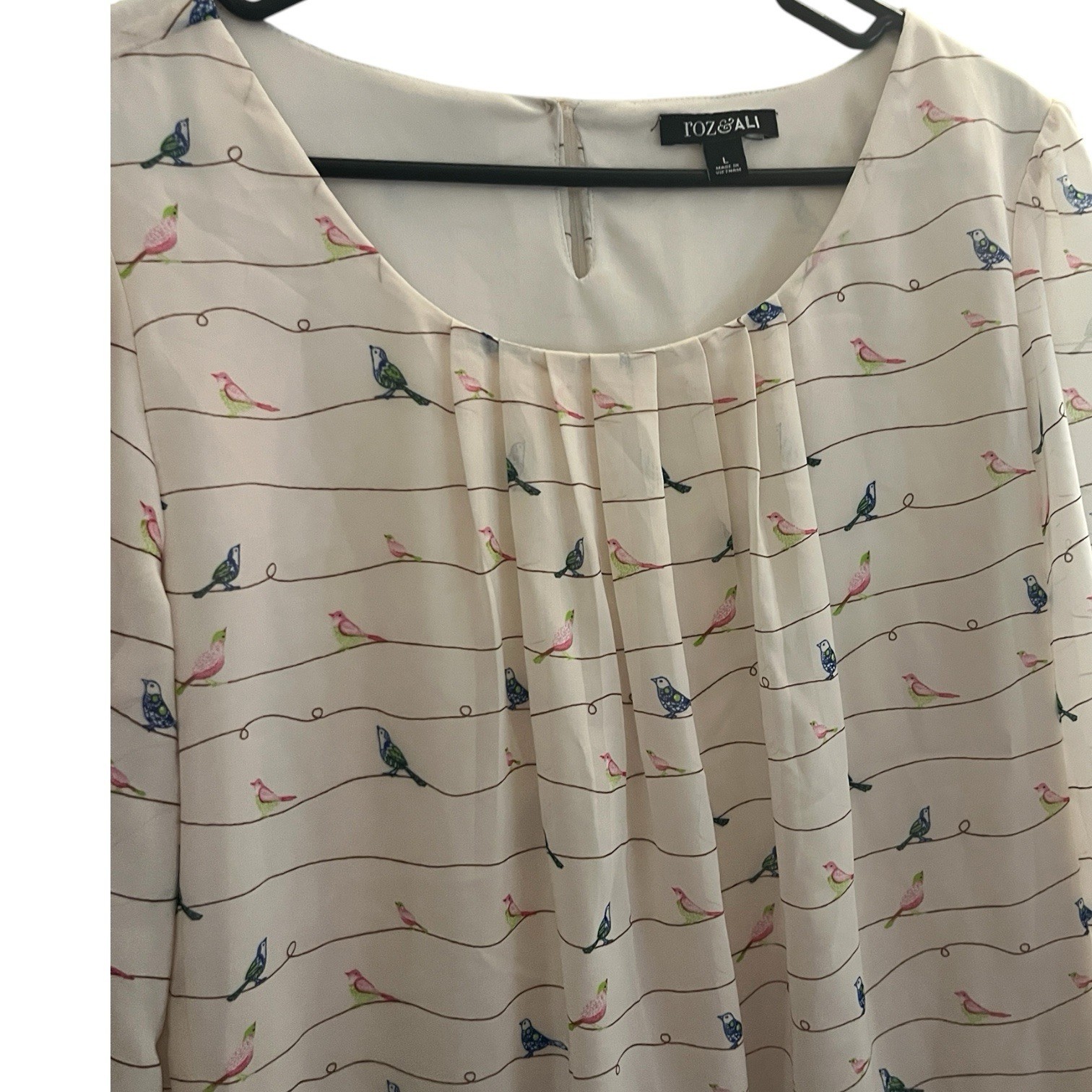 Roz & Ali Bird Print Chiffon Blouse Scoop Neck 3/4 Sleeve Ivory L