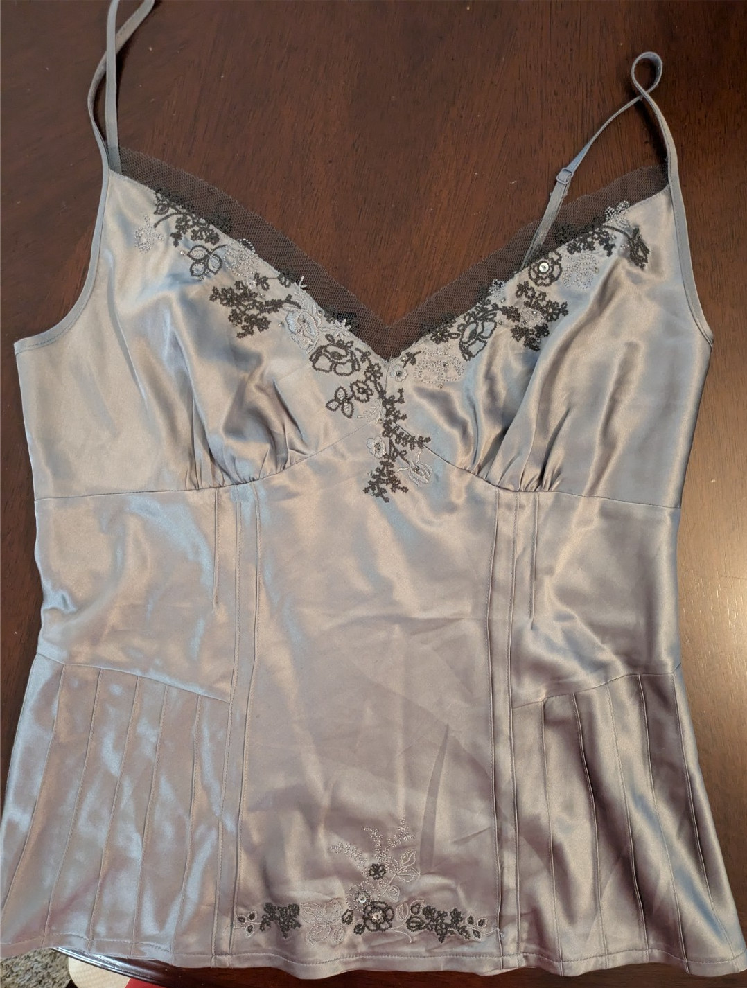Arden B. Y2K 90s Charcoal Silk Beaded Embroidered Silk Fitted Fairy Cami L