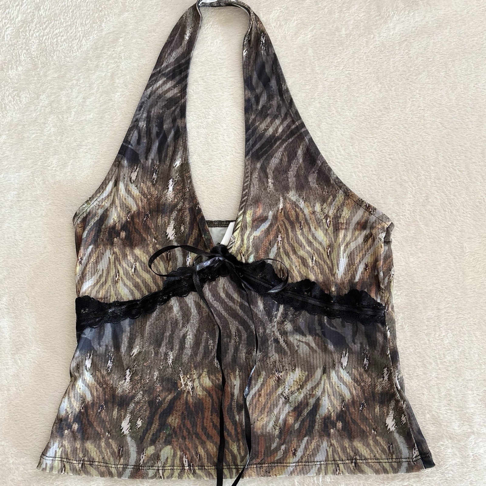 Y2K Halter Top Animal Print Lace Trim Cropped Collusion Size Medium Whimsigoth