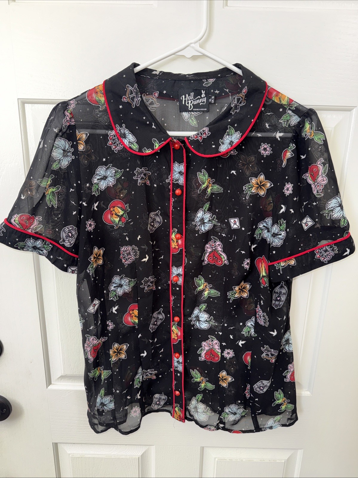 Hell Bunny Lovebird Retro 50s Rockabilly Sheer Tattoo Prints Blouse Size XL 16