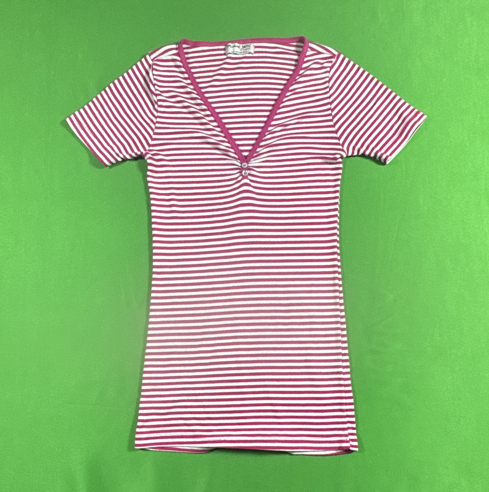 Michael Stars Women’s Pink/White Striped V-Neck Short Sleeve T-Shirt One Size