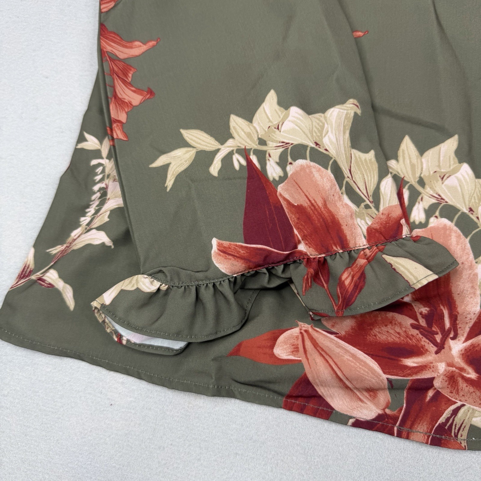DG2 Diane Gilman Olive Floral Blouse Bell Sleeve Boho Top S NWT
