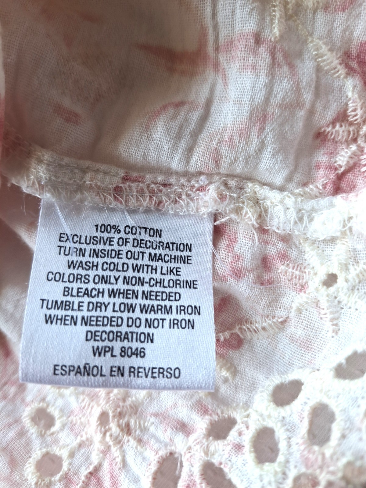 Style & Co Pink Floral Cotton Boho Tunic Top L Pintuck Eyelet Lace Cottage