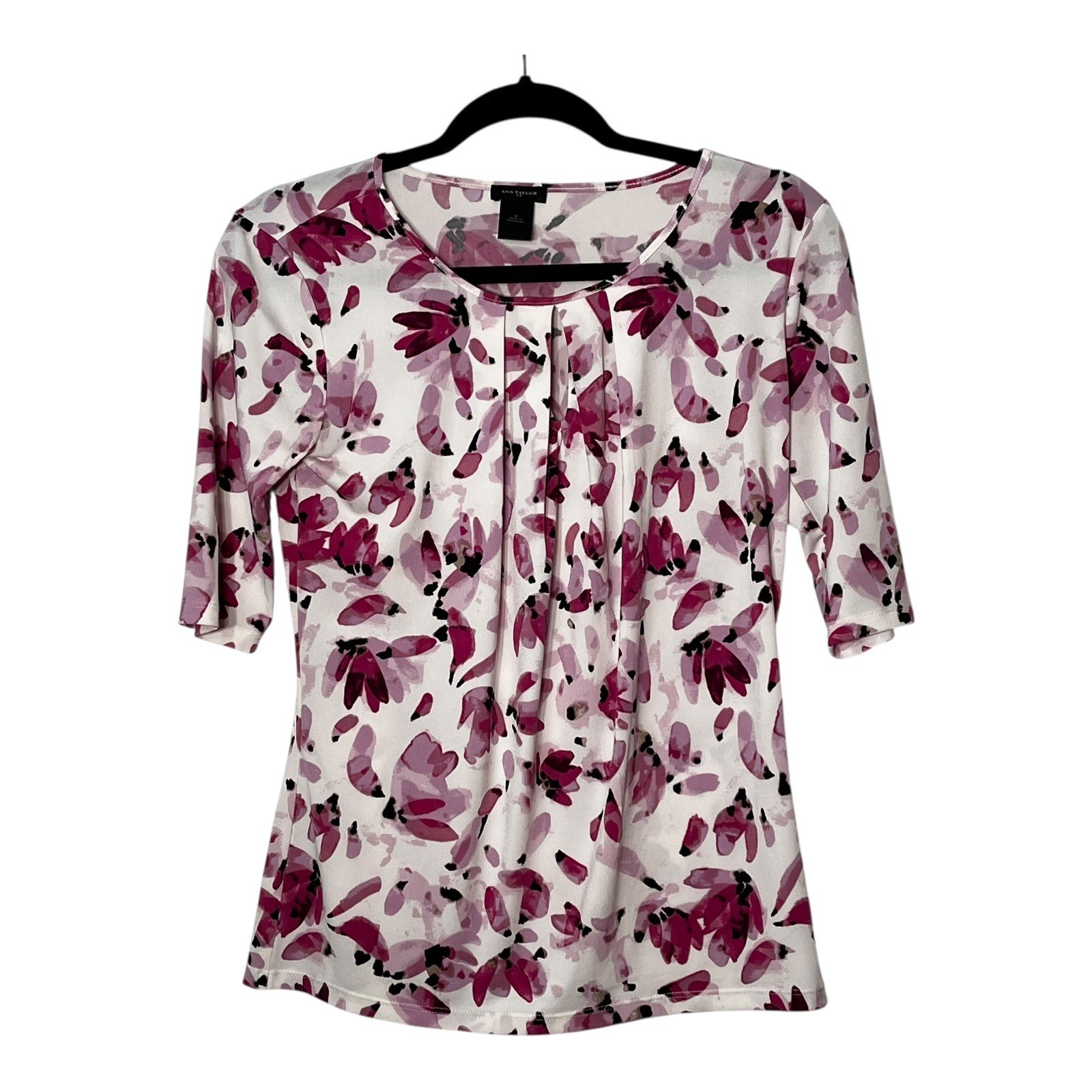 Ann Taylor Pink Floral Pleated Neck Elbow Sleeve Blouse Small White Purple Top