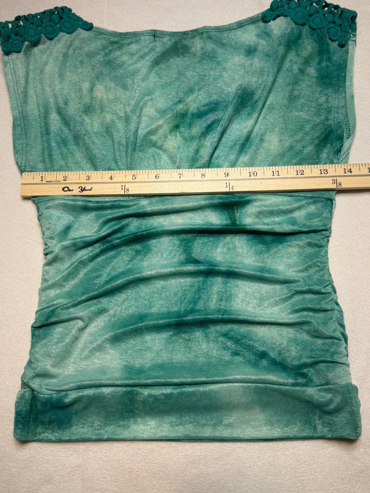 HeartSoul Boho Teal Shimmer Ruched Crochet Lace Trim Top Size Small