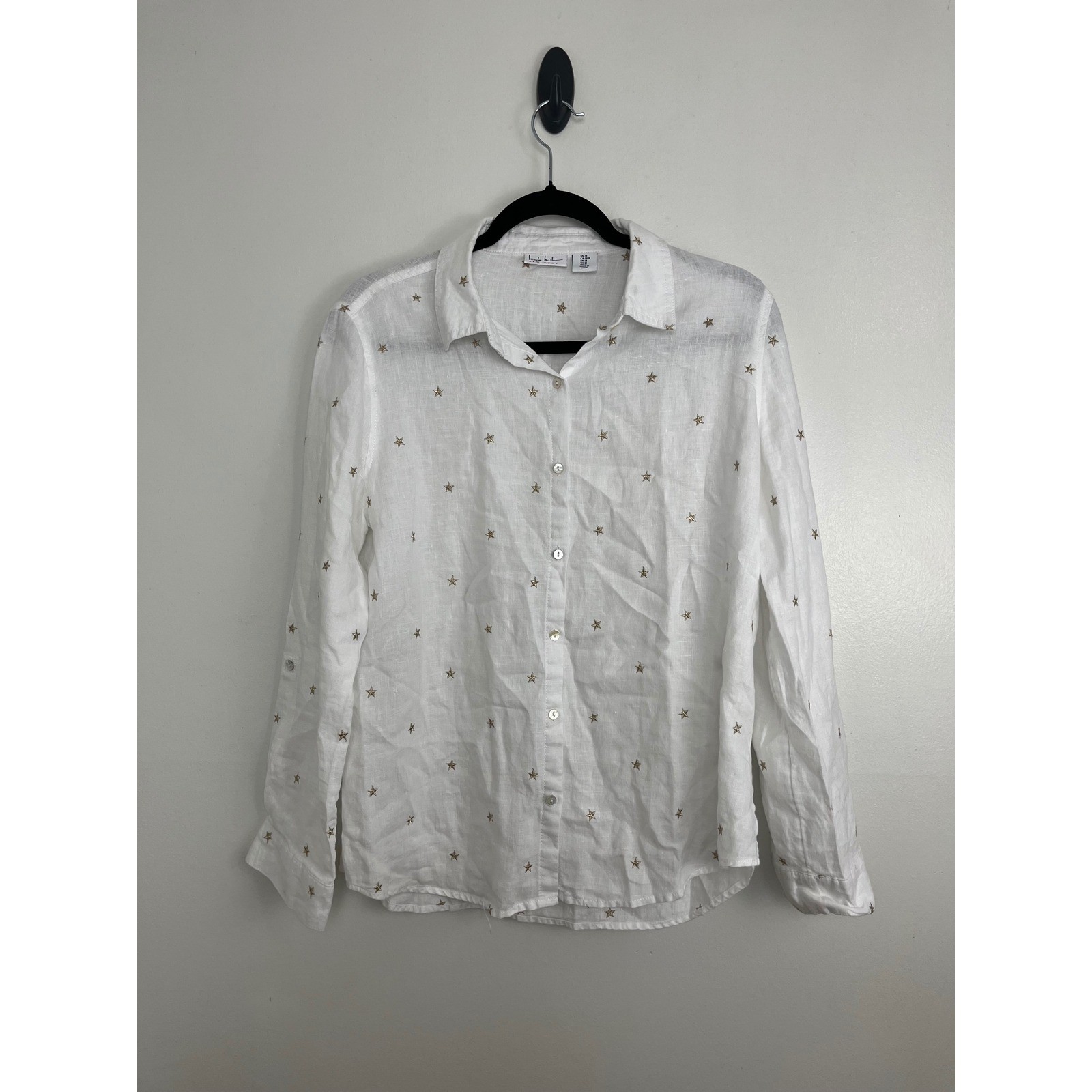 Nicole Miller Celestial Star Linen Button Down Shirt Medium White Whimsigoth