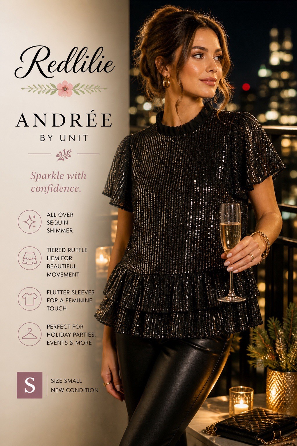 Andrée Sequin Ruffle Black Women’s Small Sparkly Party Glam Blouse