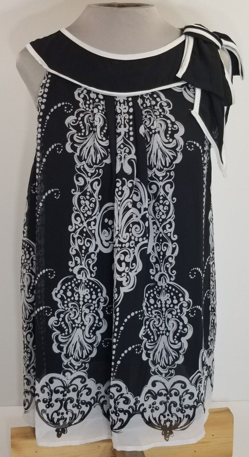 Misty & Max Black & White Sleeveless Chiffon Summer Flowy Blouse Womens Large