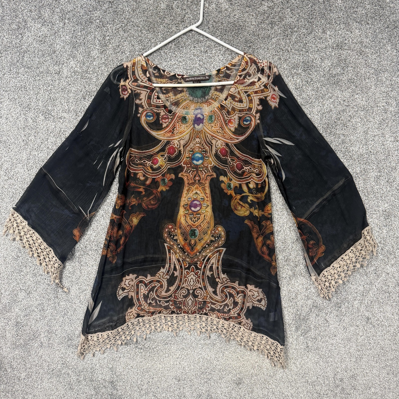 Boho Chic Festival Sheer Tunic Blouse M Crochet Trim Whimsigoth Dark Fairy
