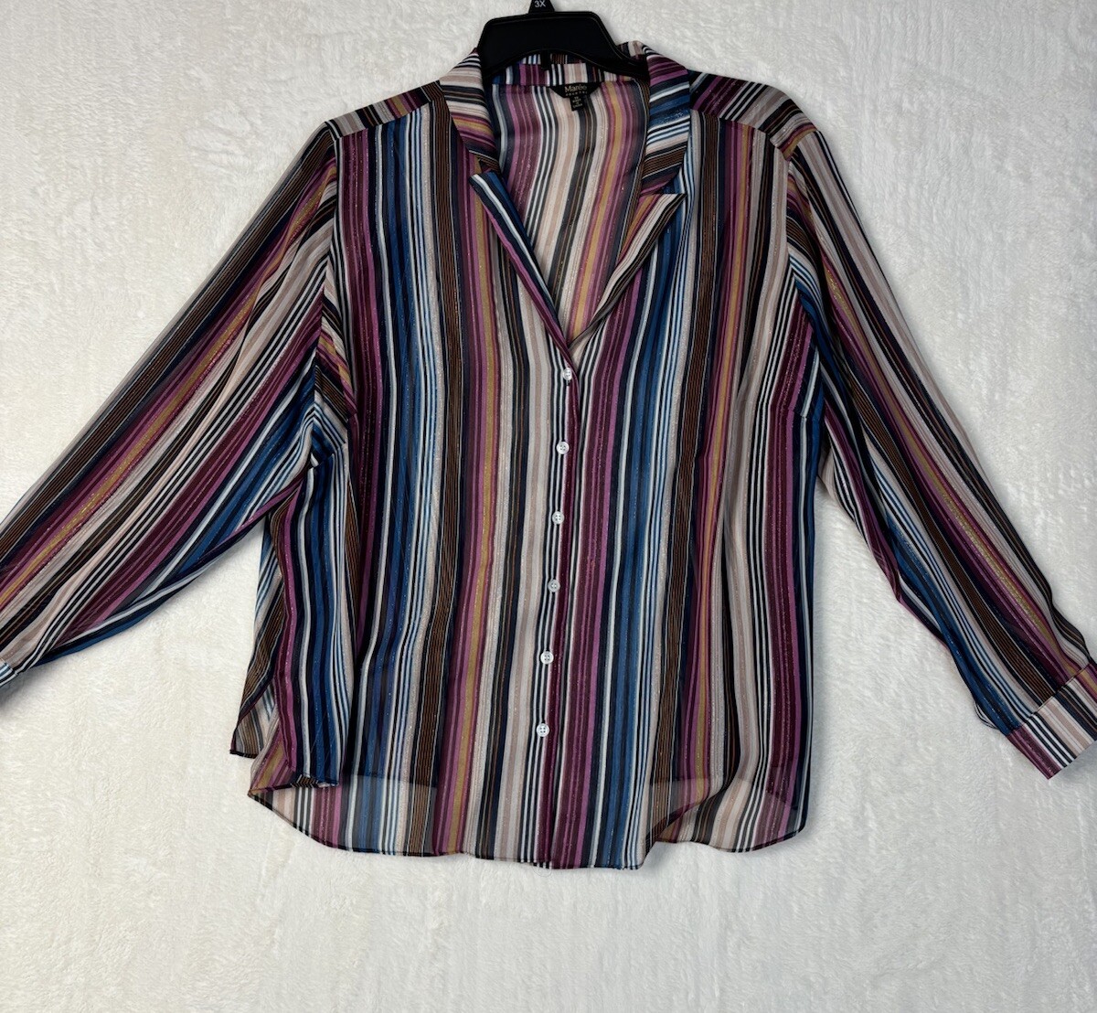 MAREE POUR TOl Blous Plus Sz20 Striped V-Neck Button Up Shimmer Gold Multi Color