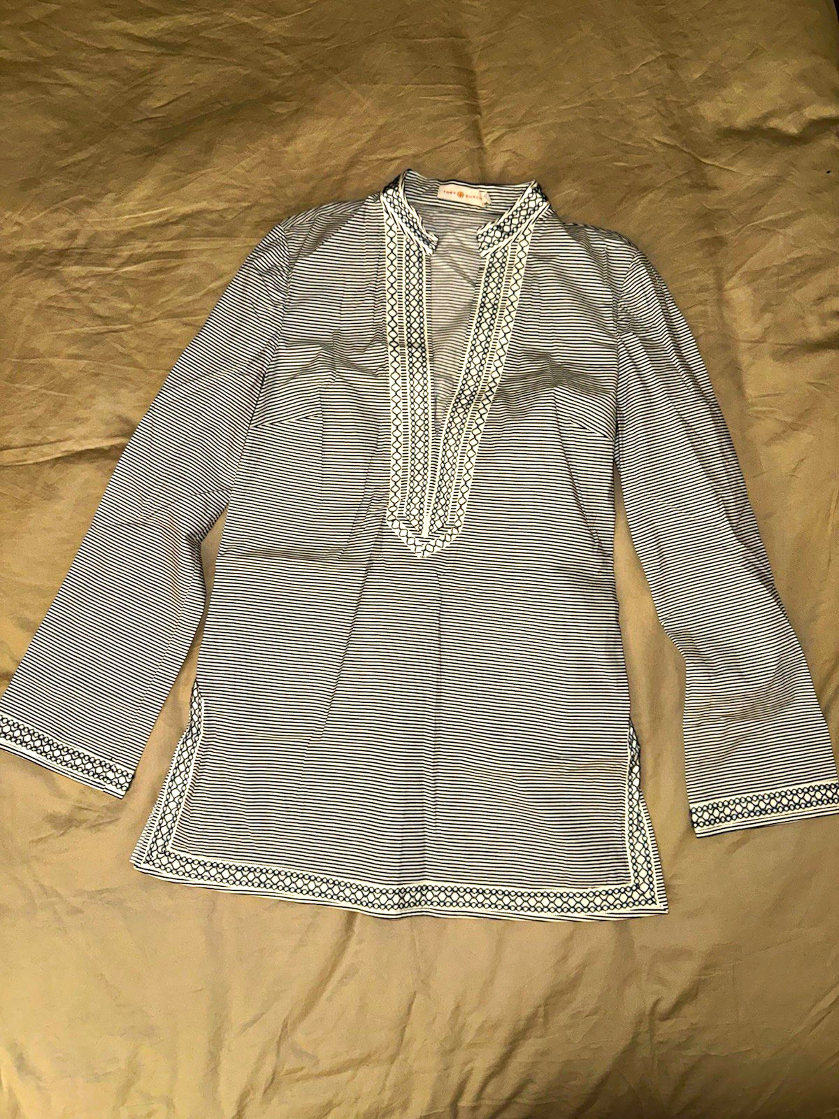 Tory Burch Navy/White Striped Embroidered V-Neck Long Sleeve Tunic 6